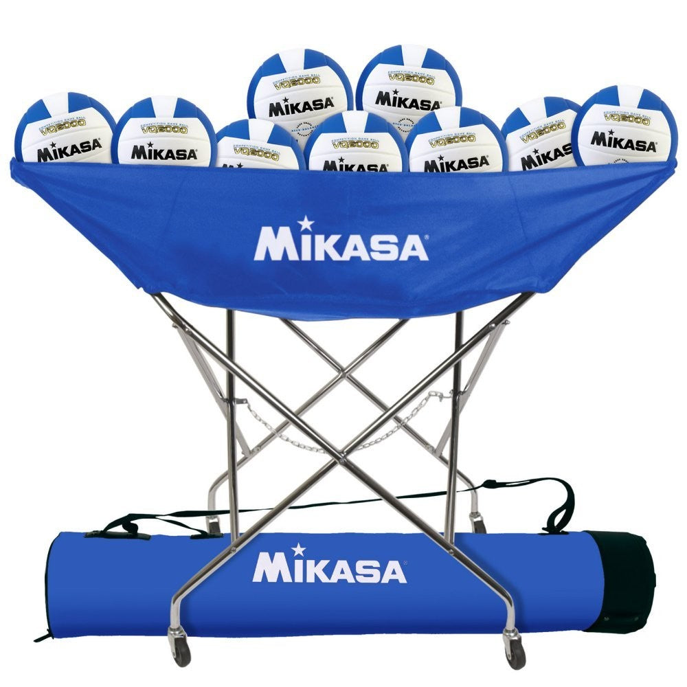 Mikasa BCH-ROY Hammock Ball Cart in royal blue with metal frame and wheels, used for storing and transporting volleyballs.