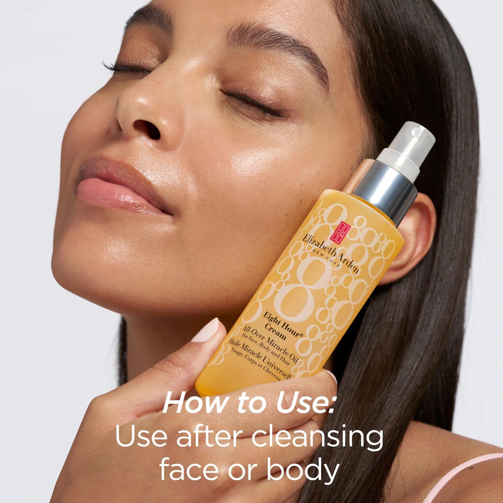 Elizabeth Arden Eight Hour Miracle Oil bottle, a multi-purpose facial, body, and hair hydrator in a sleek 3.4 oz container