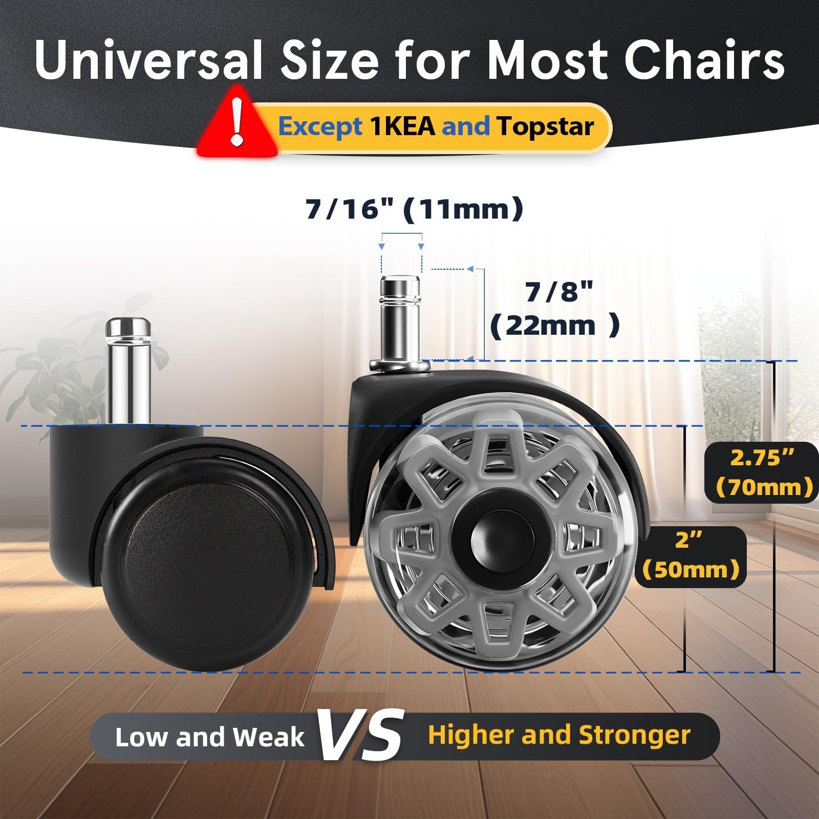 Heavy-duty 2.5-inch office chair caster wheels by MASTERY MART, designed for smooth movement on carpeted floors.