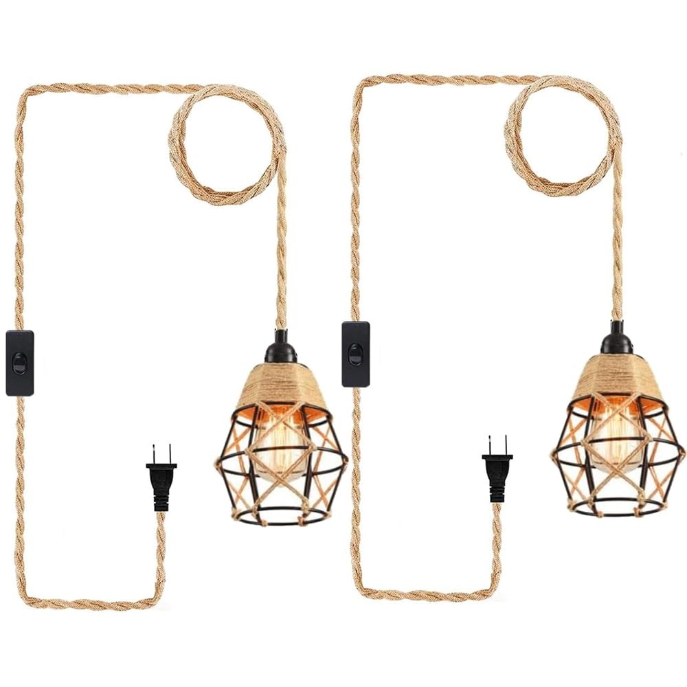 Industrial hanging light by CAFULAM with hemp rope, plug-in cord, on/off switch, perfect for farmhouse decor.