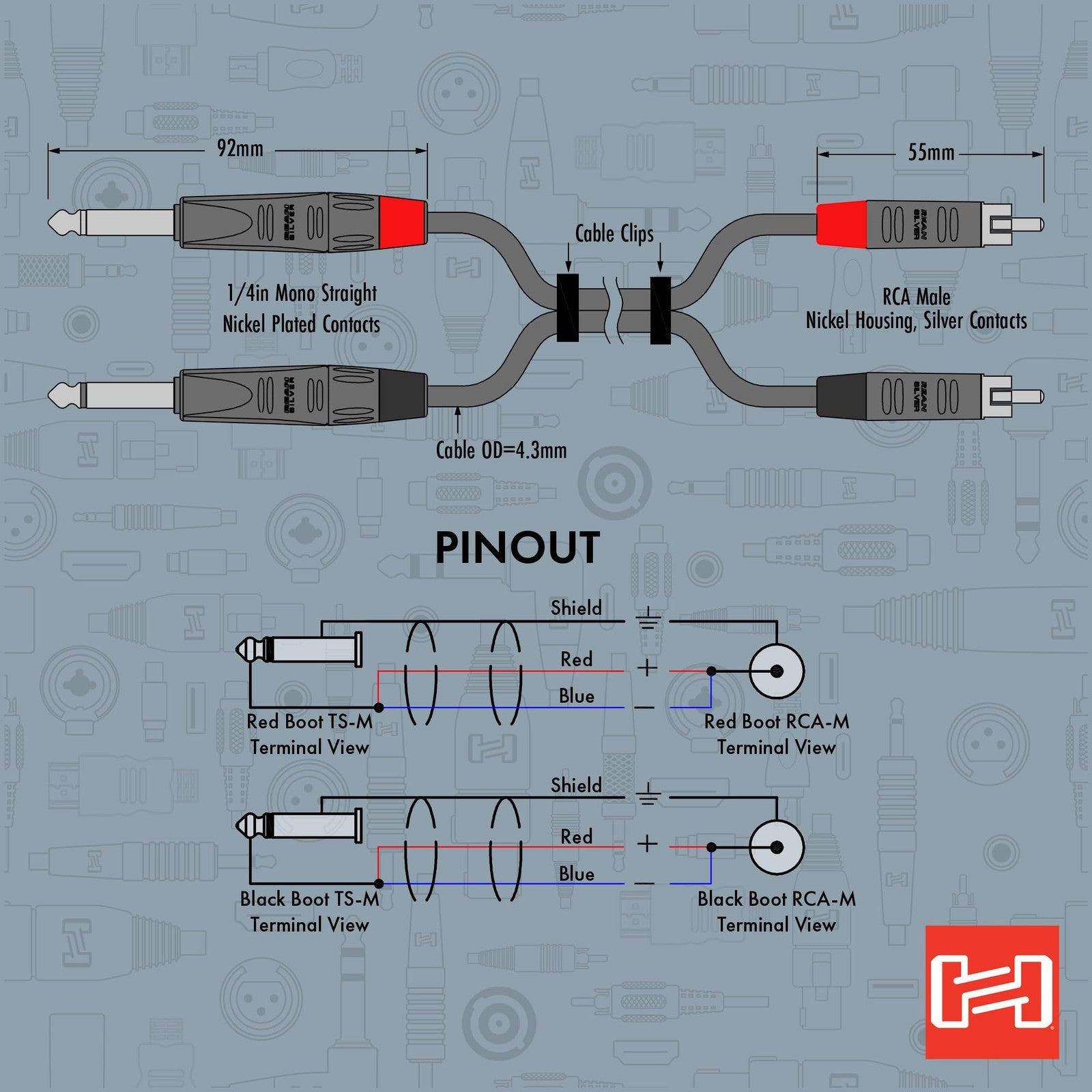 Hosa HPR-003X2 stereo interconnect cable with dual REAN 1/4 inch TS to RCA connectors, 3 feet long.