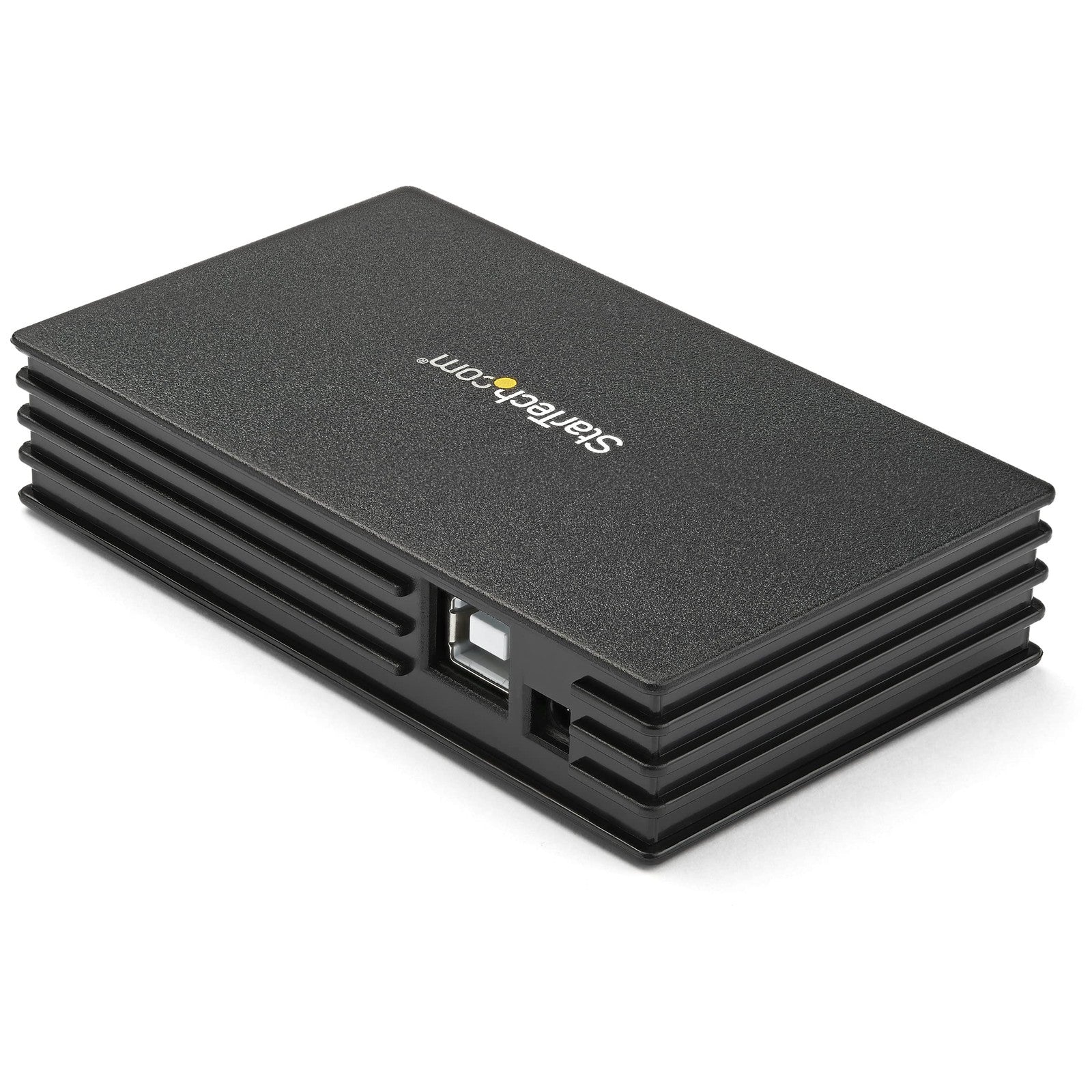 StarTech.com 4-port black USB 2.0 hub with compact design, bus-powered option, and included power adapter on a white background.