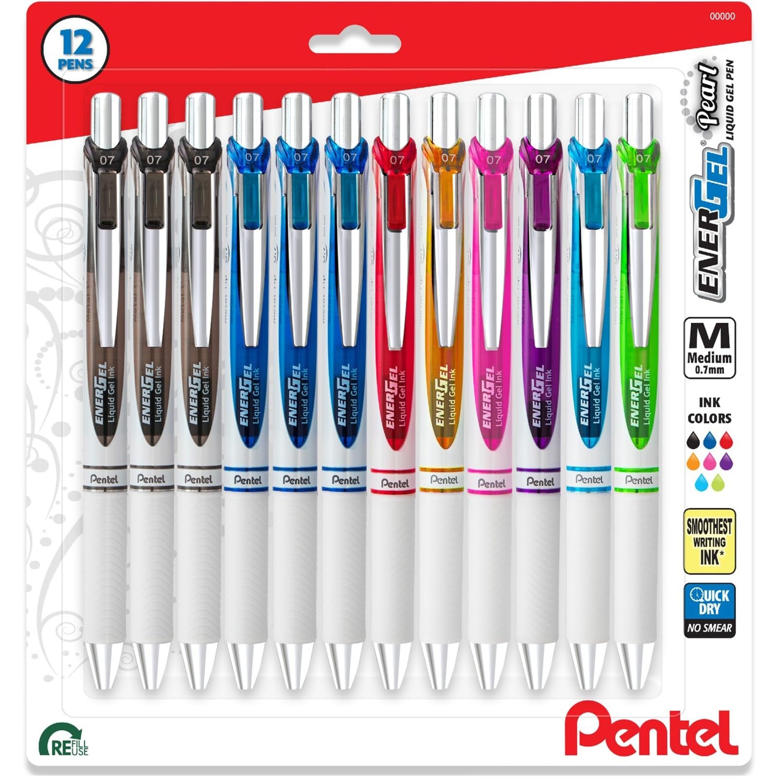 Pentel Energel Pearl medium point 0.7mm retractable metal tip pens in assorted colors, smooth ink flow, and comfortable grip