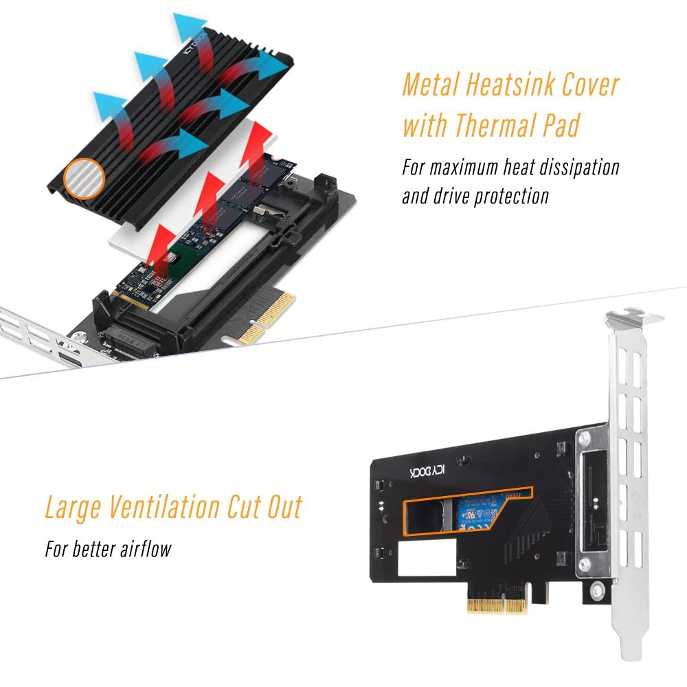 ICY DOCK M.2 NVMe SSD to PCIe adapter card with large aluminum heat sink, designed for high-performance M.2 SSDs and PCIe slots.