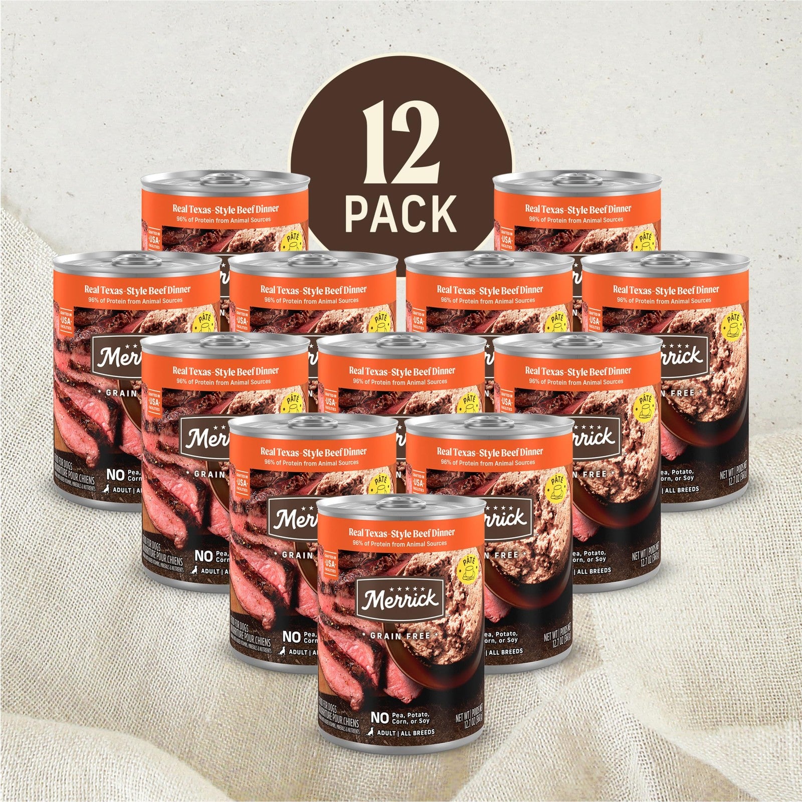 Canned Merrick Grain Free Natural Dog Food with Texas Beef Dinner, featuring chunks of beef in a metal pet food can.