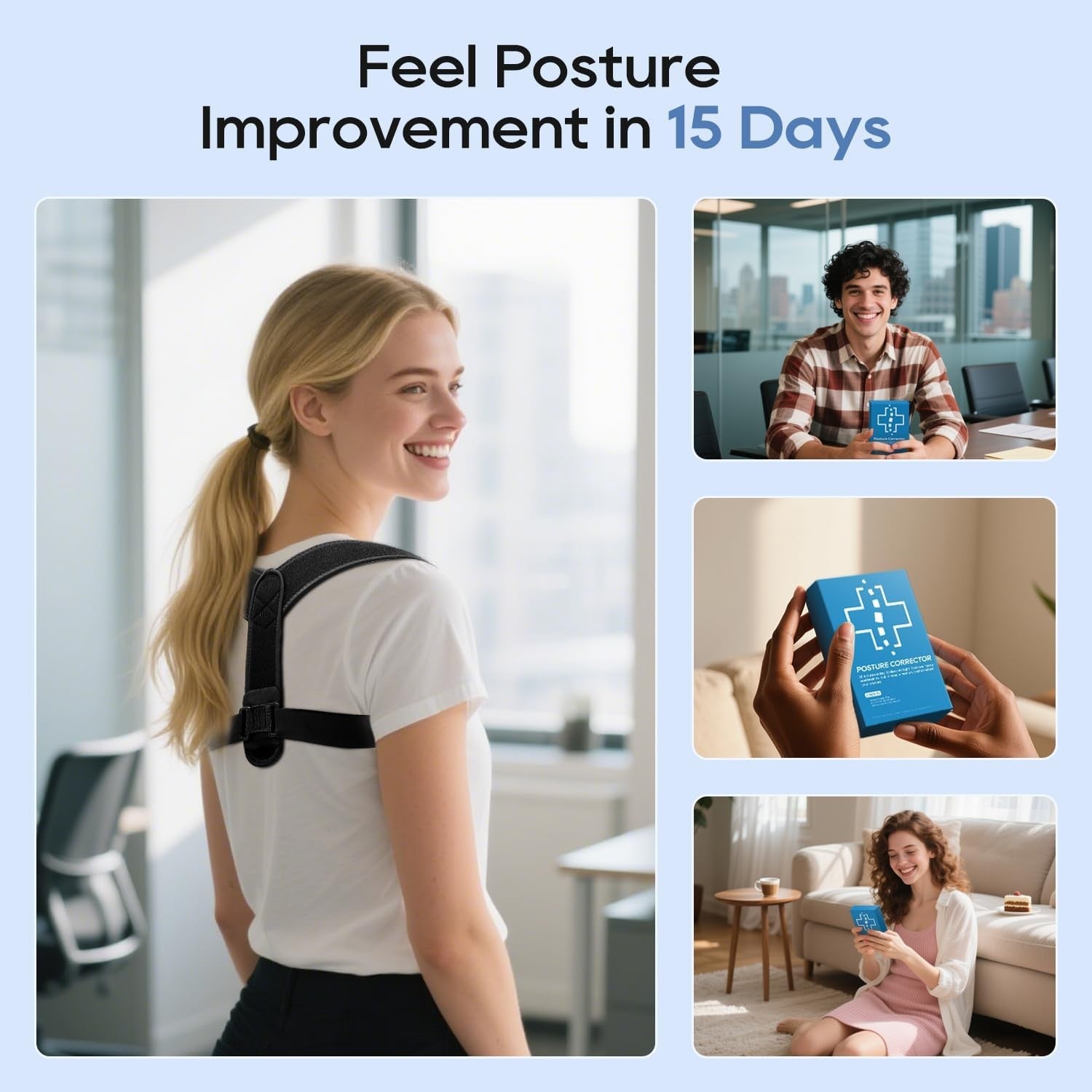 Duoorra posture corrector for women and men, adjustable upper and mid-back brace, worn over clothing for support and alignment.