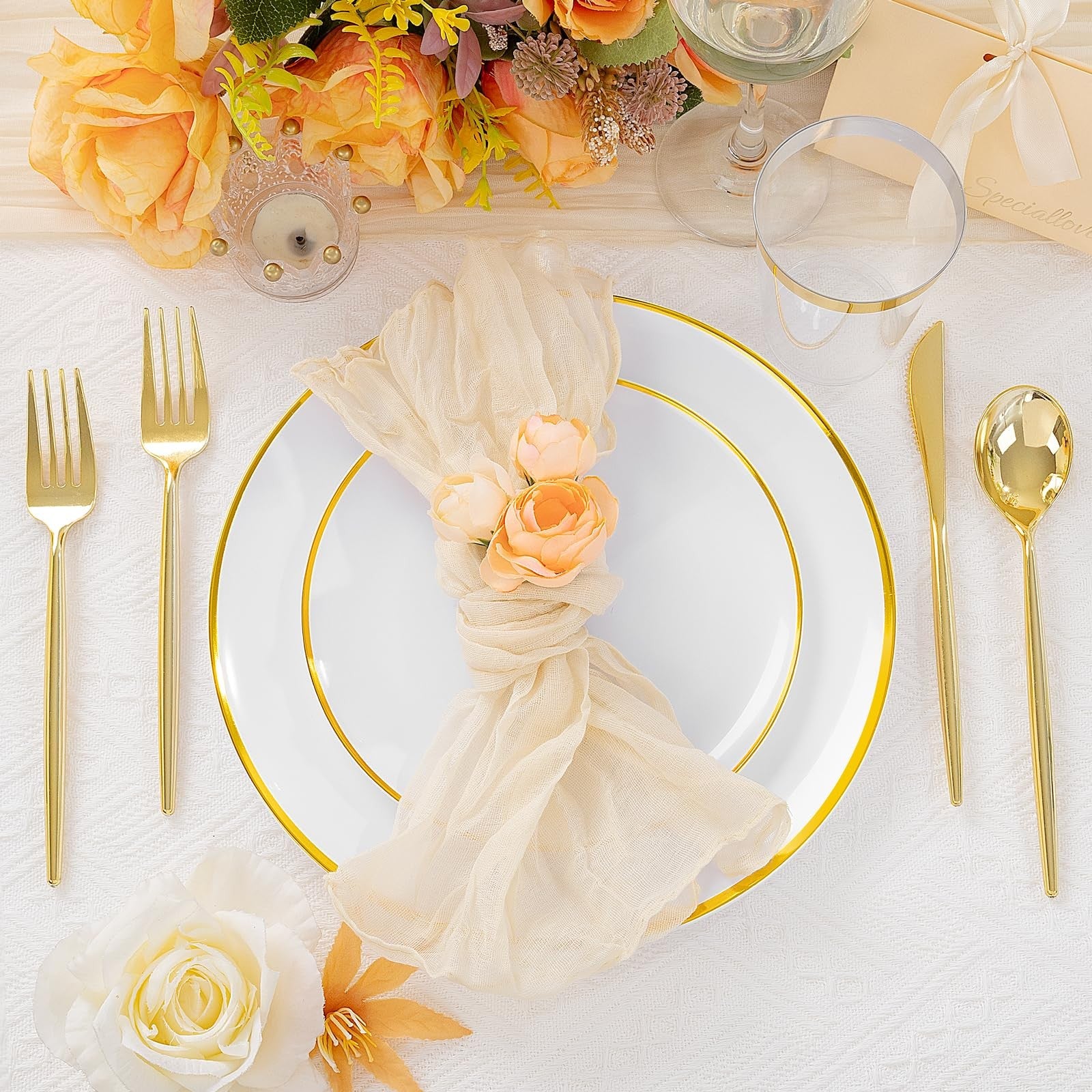 Ejonirinjonir white and gold plastic party plates set with 180 pieces, elegant gold design for celebration events