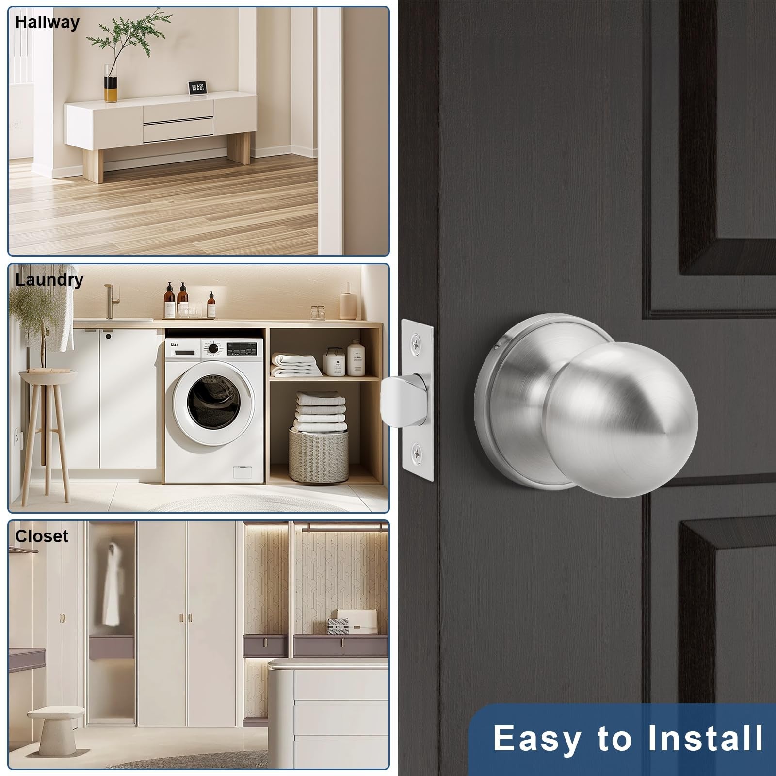 Set of two Knobonly keyless indoor passage door knobs, interior door handles with a sleek, modern design.