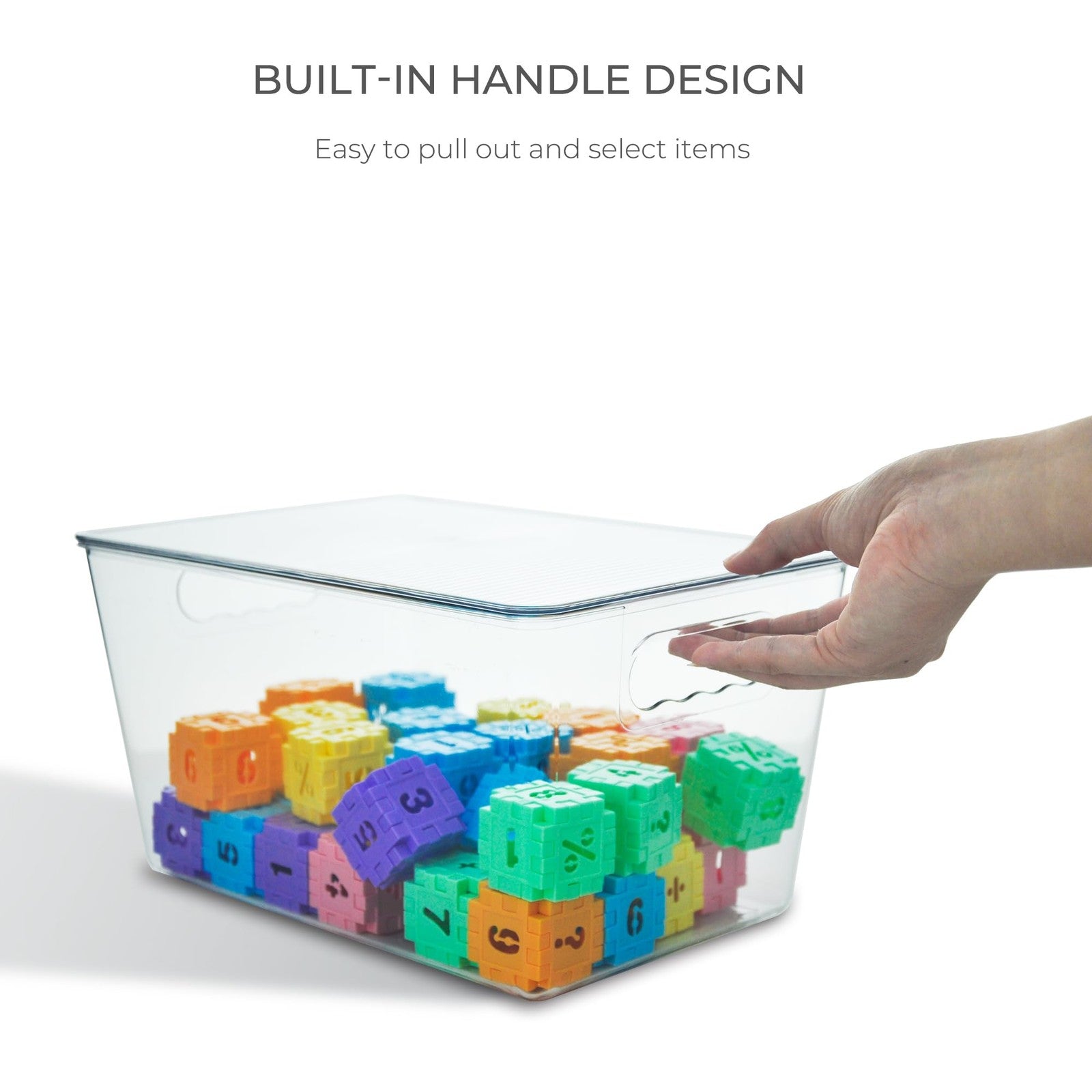 Stackable plastic storage bins by Rolheit with clear lids, ideal for organizing kids' toys and keeping play areas tidy.