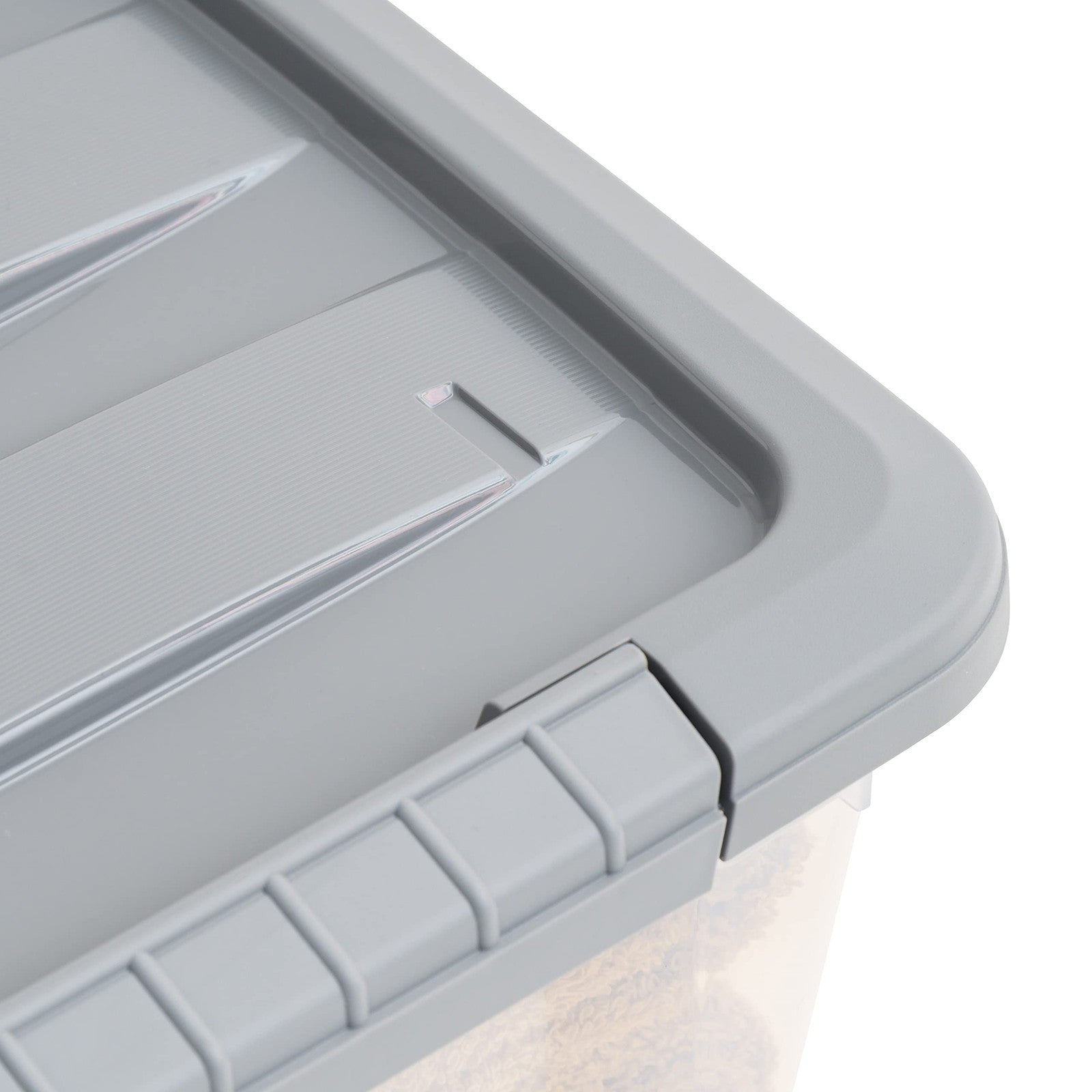 Stackable plastic storage containers with secure latching lids, ideal for organization and storage.