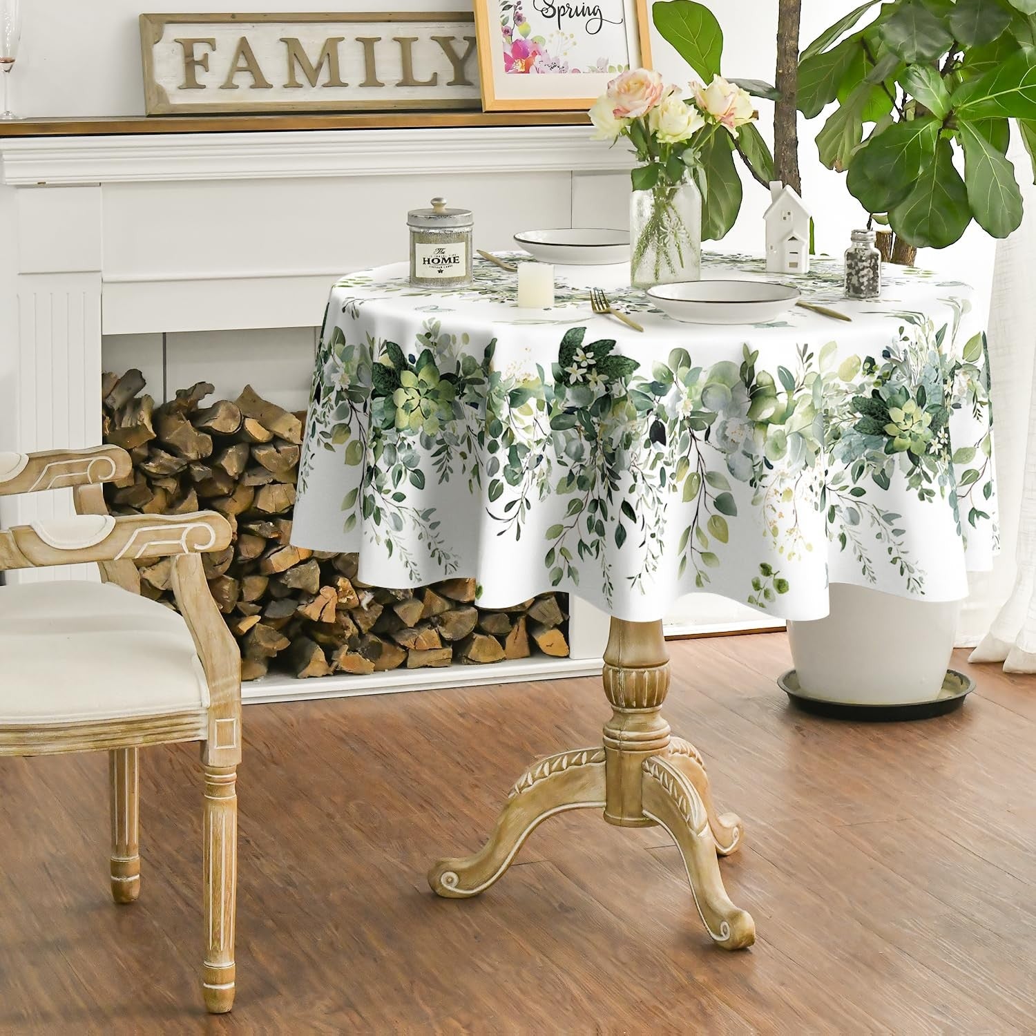 Horaldaily spring round tablecloth in green eucalyptus pattern, 90x90 inches, washable seasonal fabric for dining tables.