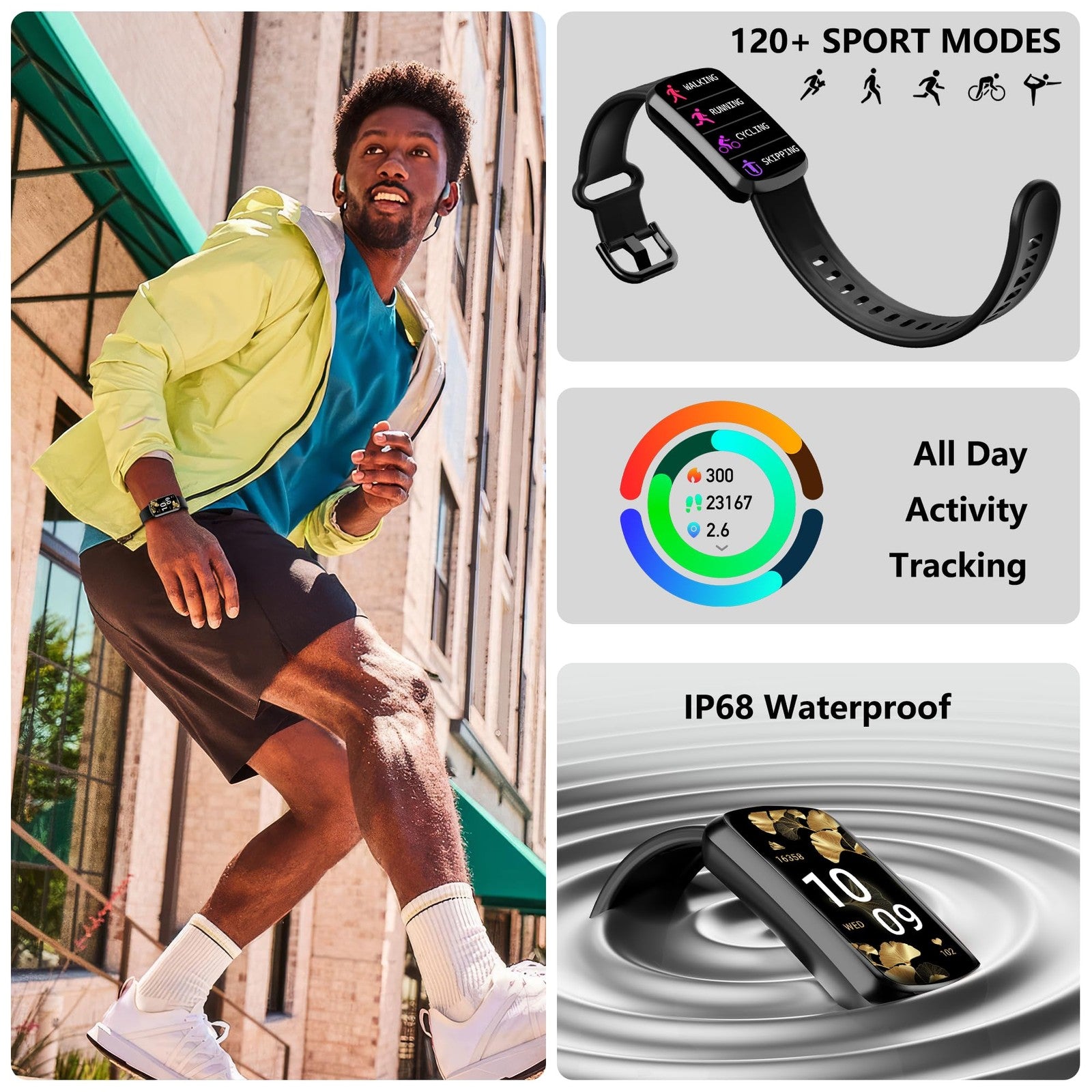 JYUAJOI health fitness tracker smart watch displaying heart rate and blood pressure readings on a digital screen.