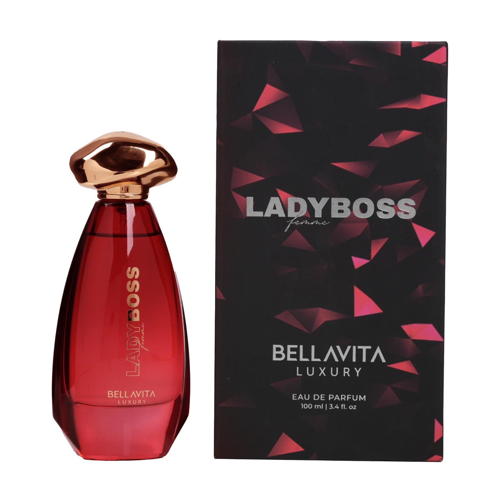 Bella Vita Luxury Lady Boss Femme EDP perfume bottle for women, elegant fragrance with floral and woody notes.