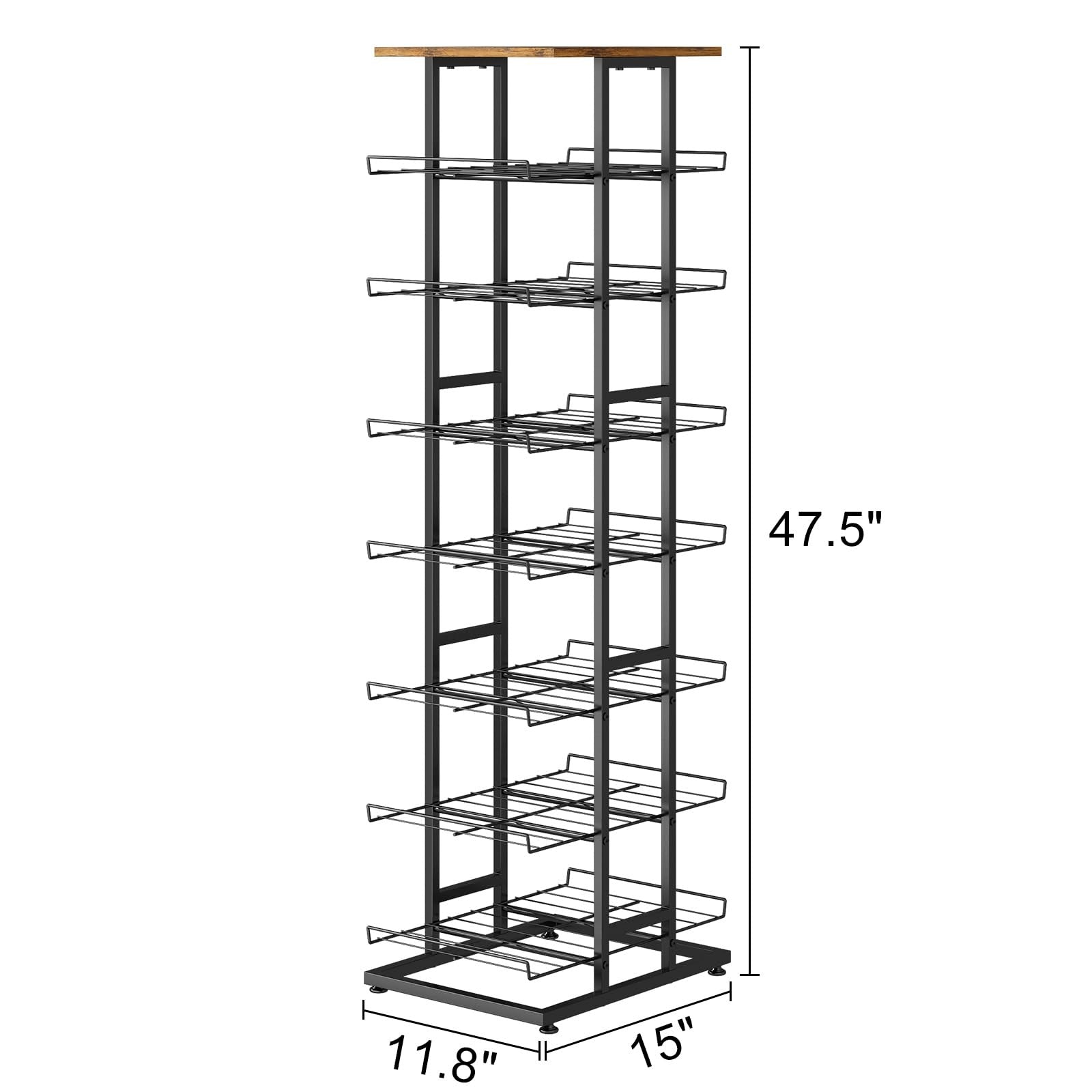 GILLAS tier water bottle storage rack with wooden tabletop and metal beverage caddy, featuring multiple shelves for organized bottle storage.