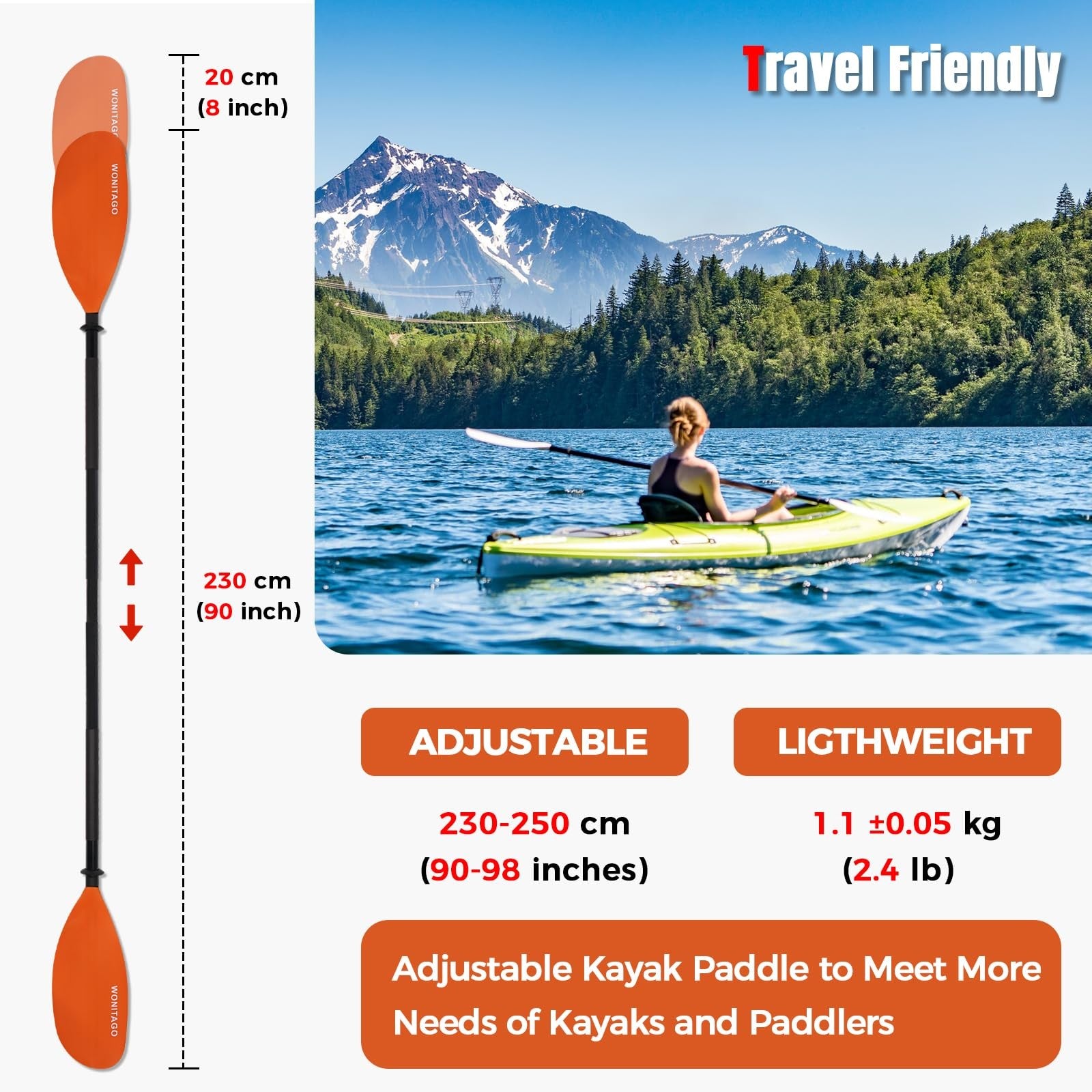 Wonitago kayak paddles with alloy shaft and PP blade, floating kayaking oars shown in the image.