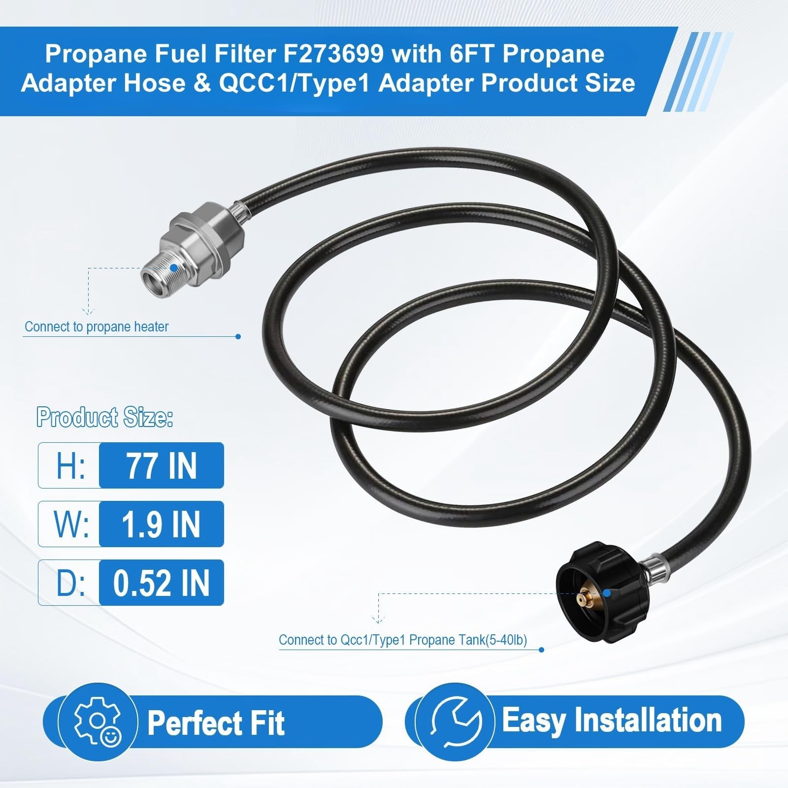 PYXGLAQ propane fuel filter F273699 with 6ft hose and QCC1/Type1 adapter for Buddy series propane appliances.