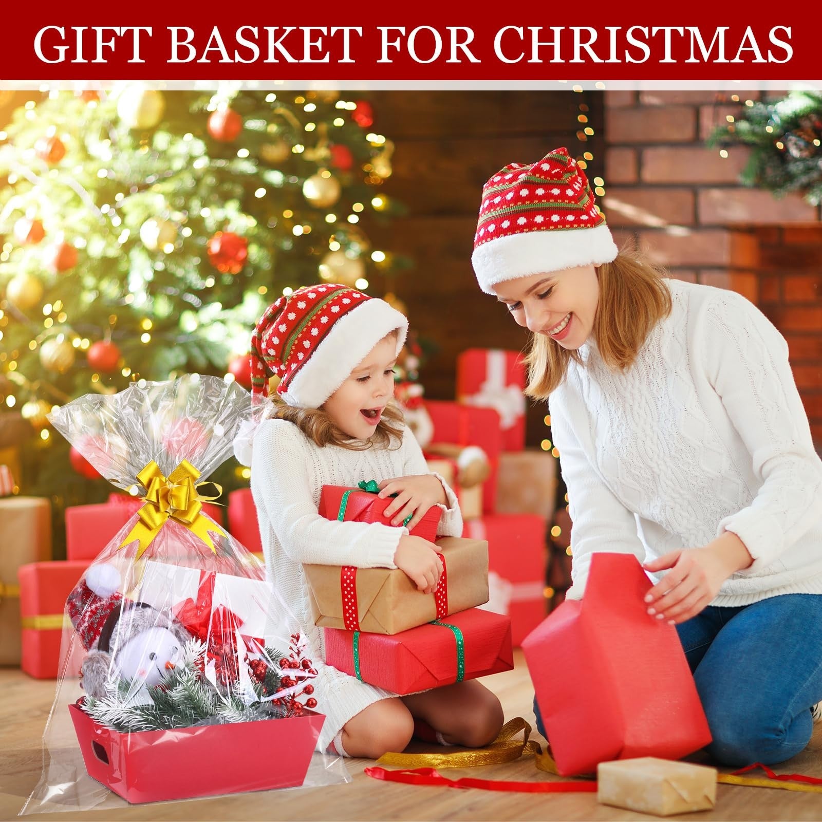 Six red gift baskets by AFOROEOA, 10x12 inches with thick material and six bows, ideal for gift wrapping and presentation.