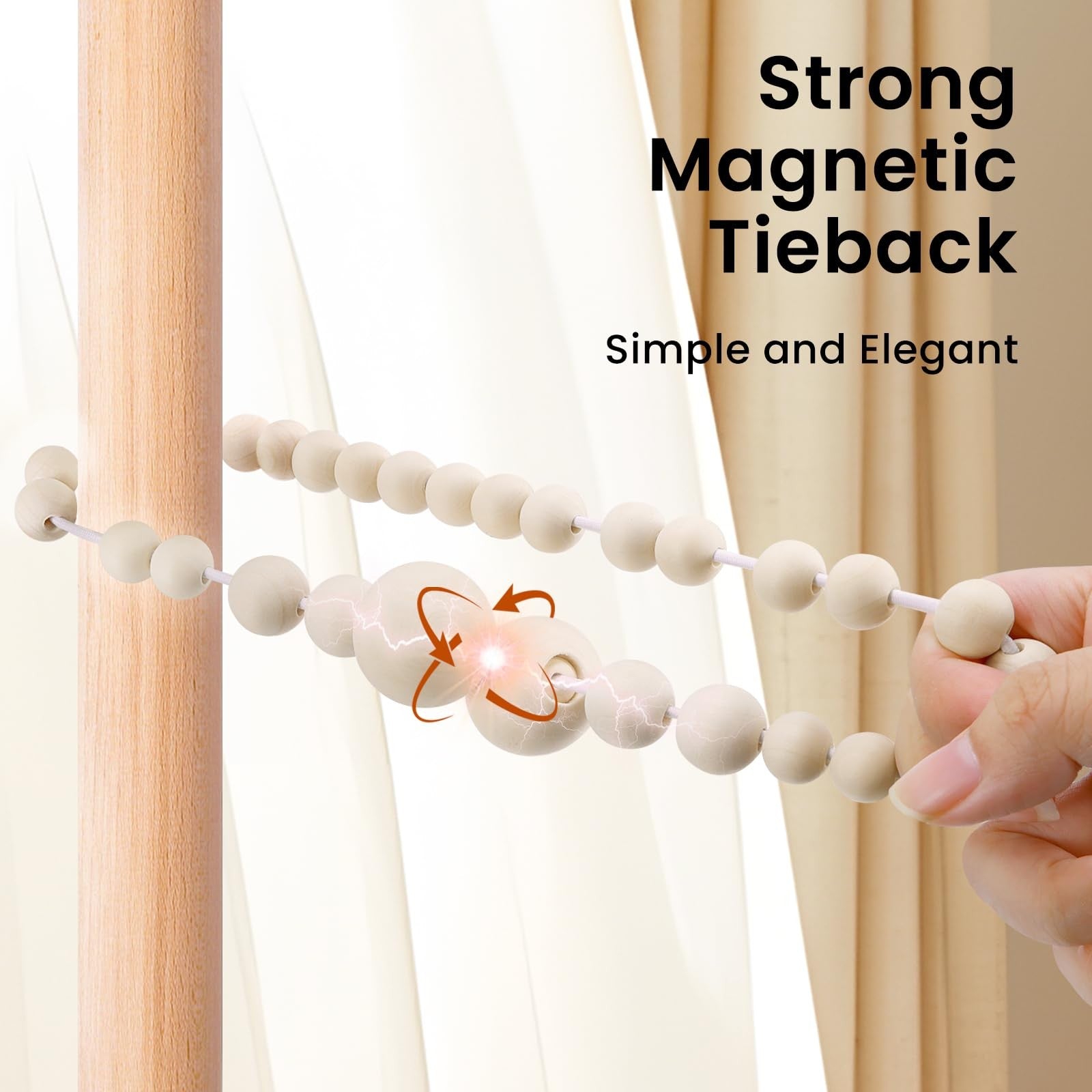 KLOGTSIND magnetic wooden bead curtain tiebacks with boho style, used to hold back curtains without drilling, featuring natural wood beads.
