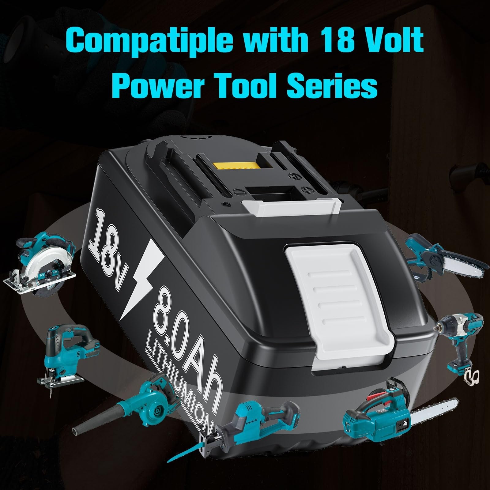 TURPOW upgraded 8.0Ah replacement battery for Makita 18V power tools with double rapid charger, shown with battery and charger.