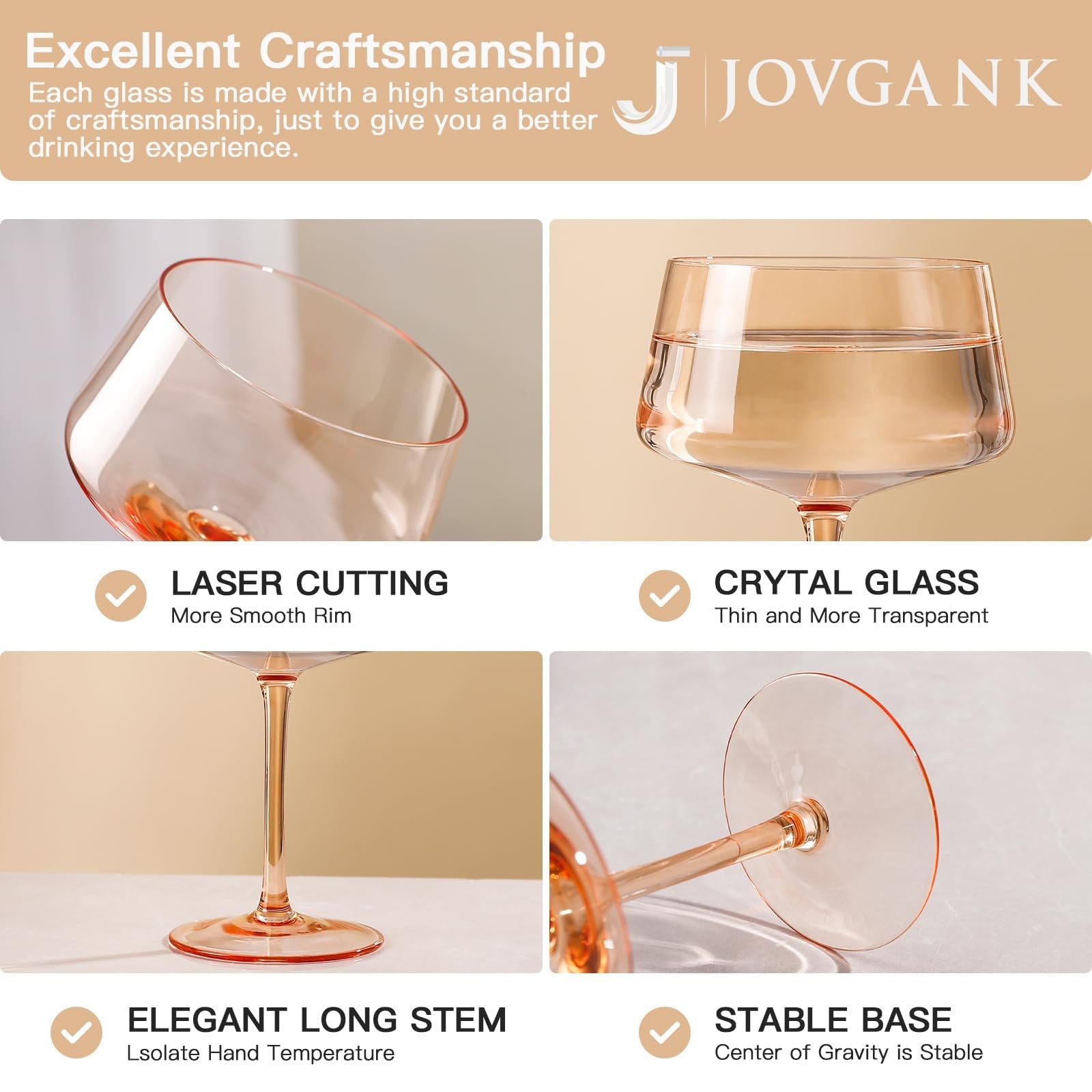 Set of 6 colorful JOVGANK hand-blown coupe glasses, 13oz martini glasses with vibrant, artistic design for elegant drinks.