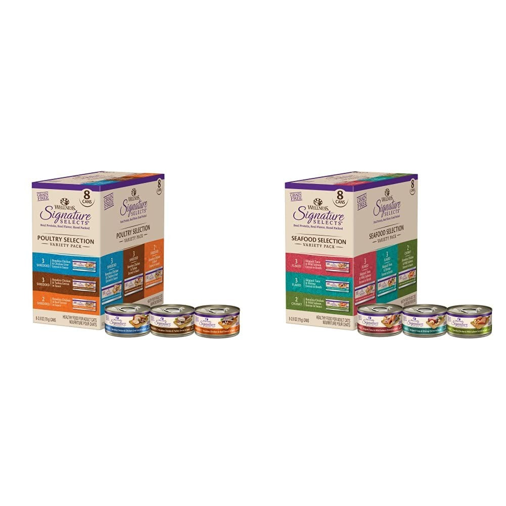 Cans of Wellness CORE Signature Selects Flaked Wet Cat Food in seafood and poultry variety, featuring colorful labels and open cans with food.