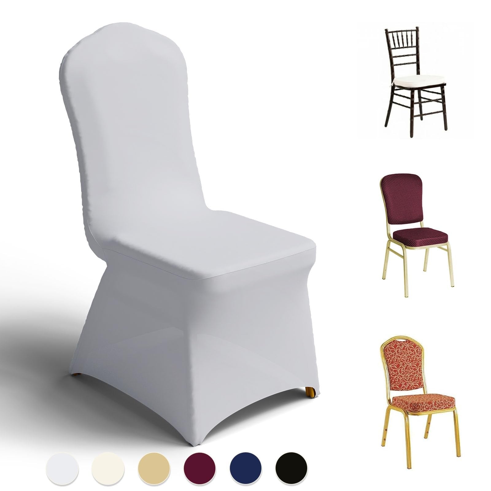 Trlyc 12-piece stretch spandex chair covers for dining chairs, fitted polyester covers with a smooth, snug fit for elegant dining rooms.