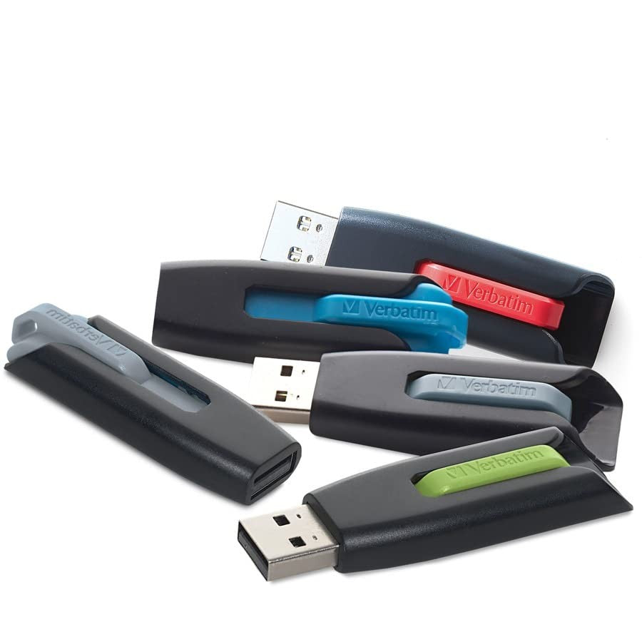 Verbatim Store 'n' Go V3 USB drive with black cap and silver body, USB connector visible for data transfer.