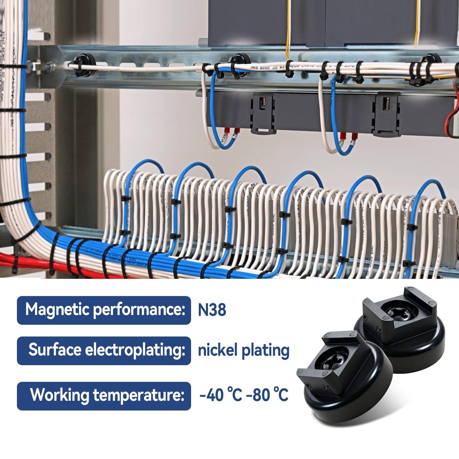 Heavy-duty magnetic cable zip tie base by dcvbny, supports 25lbs vertical tension for versatile wire management.
