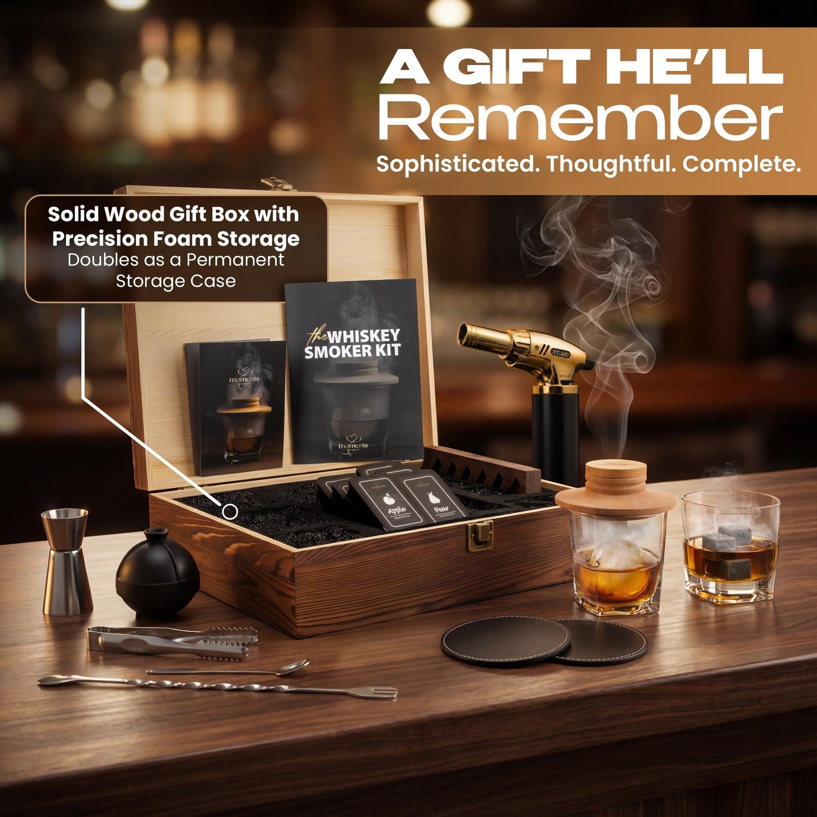 Moments by Keff whiskey smoker kit with wooden torch and square lid for enhancing smoked whiskey flavors.