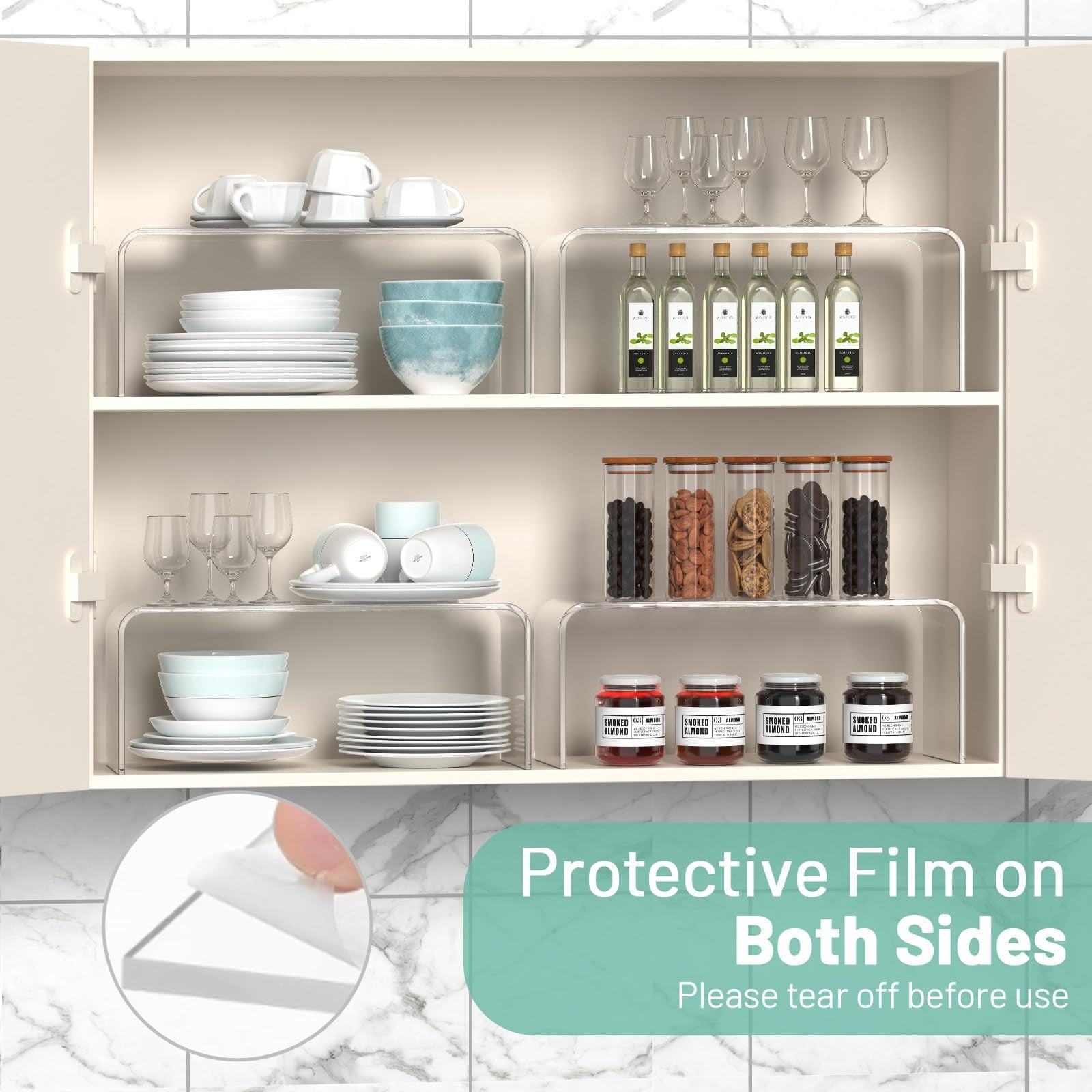HTRYBNES clear kitchen cabinet shelf organizers, 2-pack spice rack risers, showing transparent plastic shelf risers on a kitchen shelf.