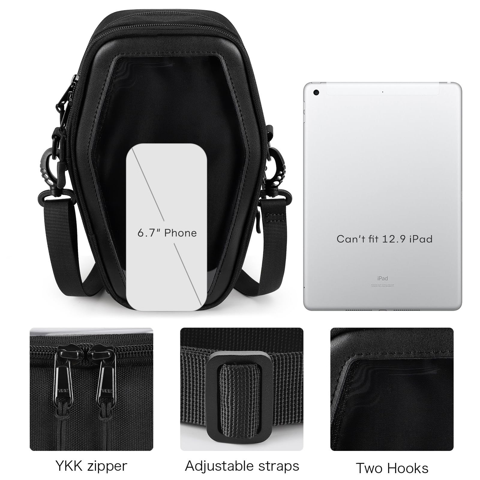 STEAMEDBUN Gothic coffin-shaped Ita Bag with crossbody strap and display window, featuring Halloween-themed design and cross accents.