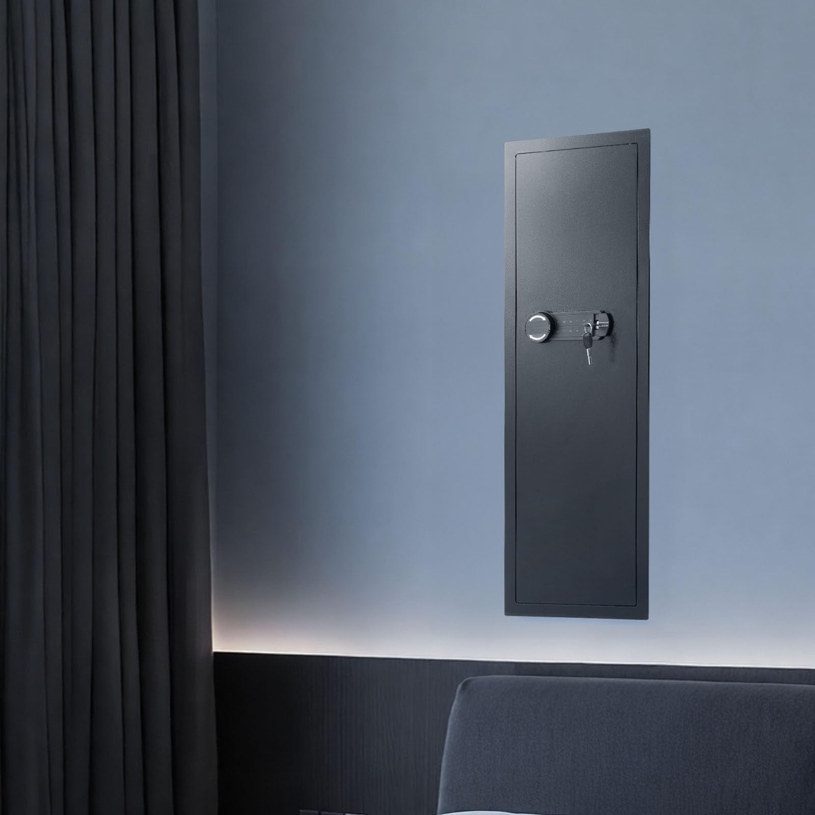 Vevor 43.3-inch high wall safe with 4-tier gun storage, hidden mount, keypad lock, and key access for secure firearm storage.