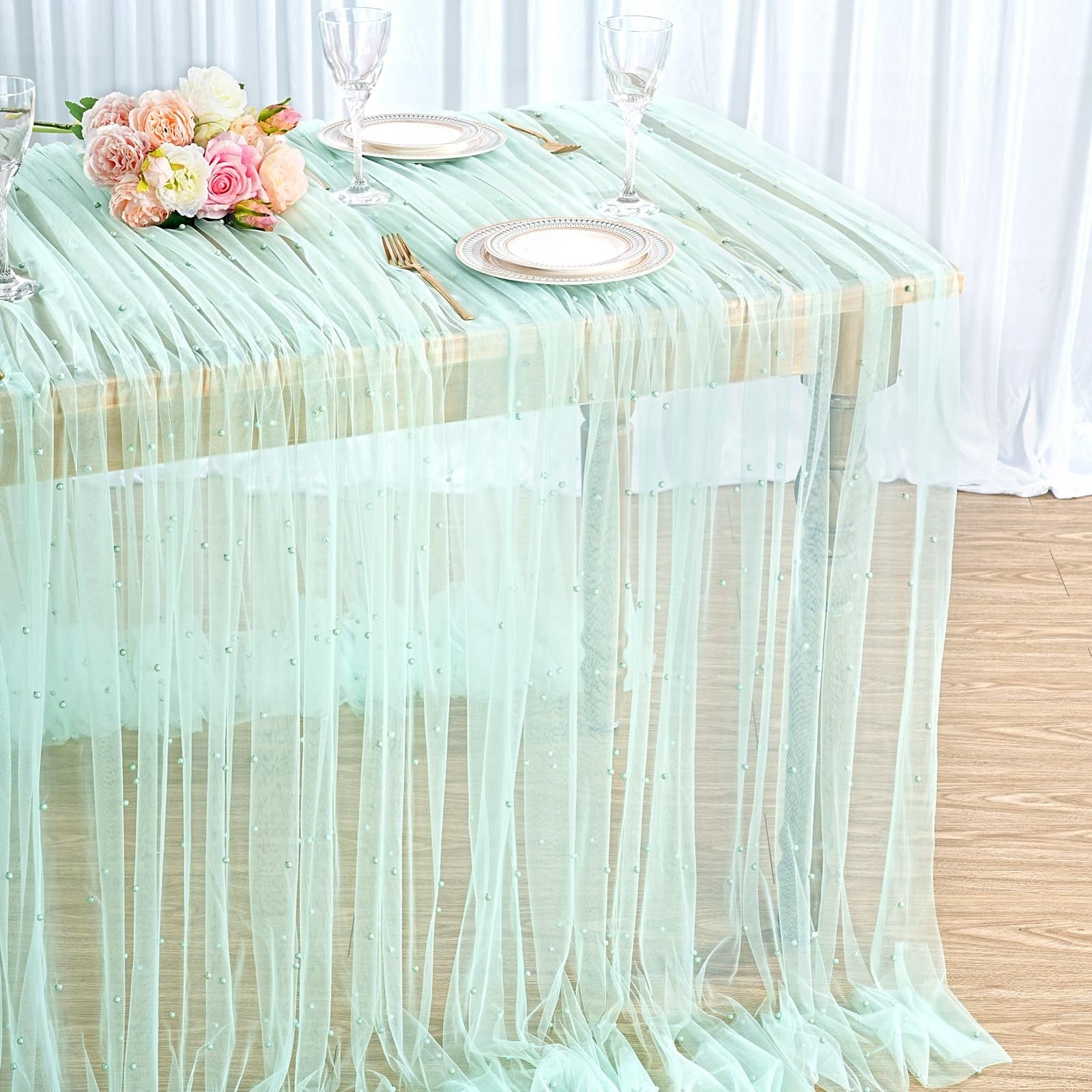 Light green pearl tulle fabric from B-COOL, 10 yards of sheer mesh material ideal for sewing and DIY craft projects.