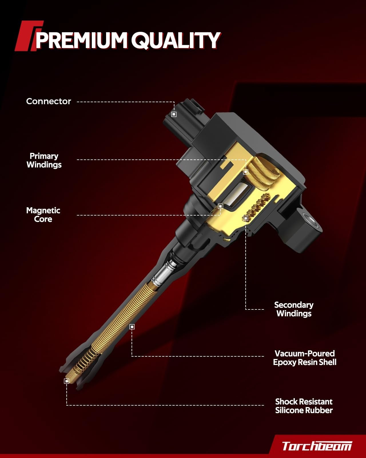 Torchbeam 4x UF652 ignition coils for Hyundai Accent, Veloster, Kia Rio, Soul 1.6L, showing the coil components.