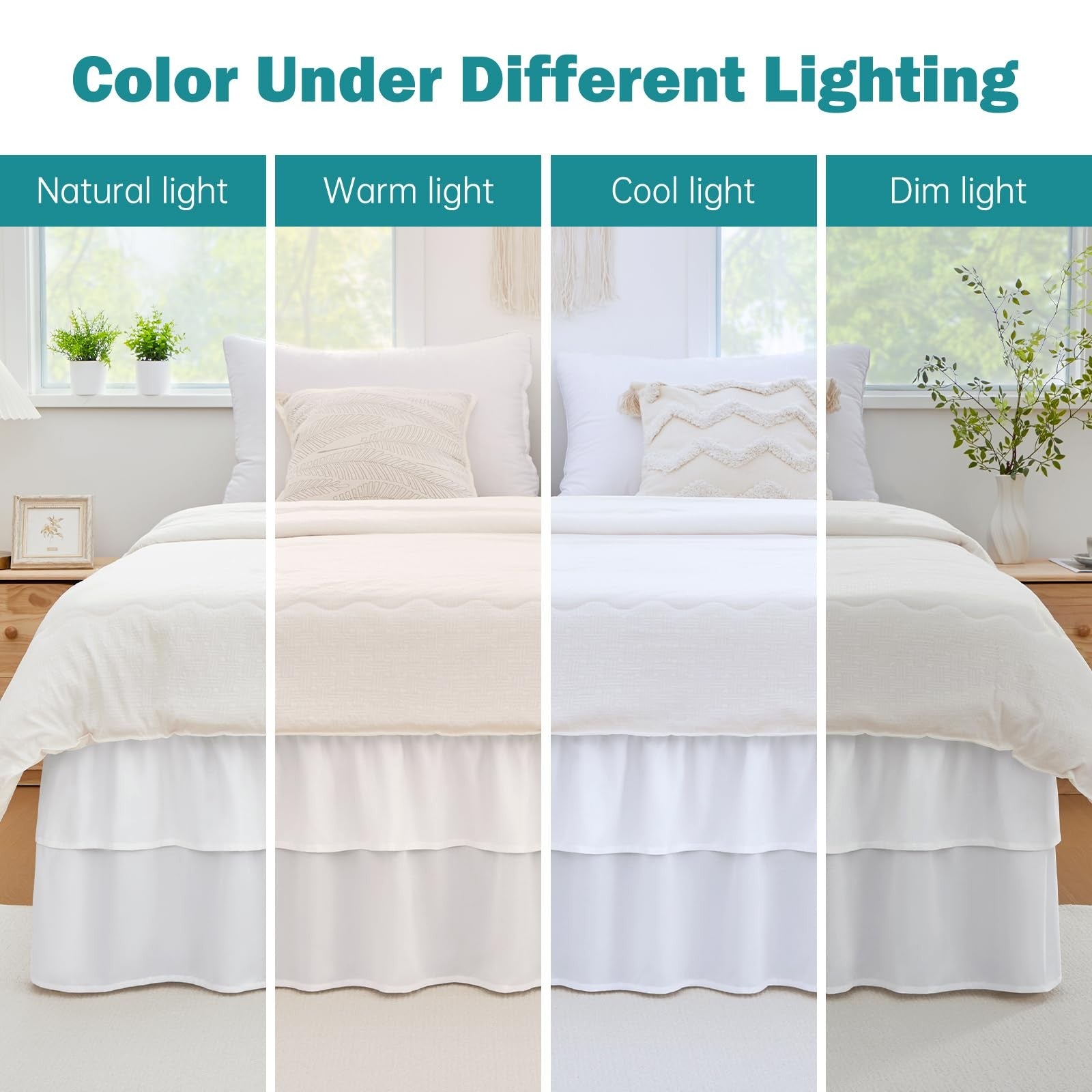 White Vocander queen size 2-layer bedskirt with 14-inch drop, easy to install, designed to fit queen beds comfortably.