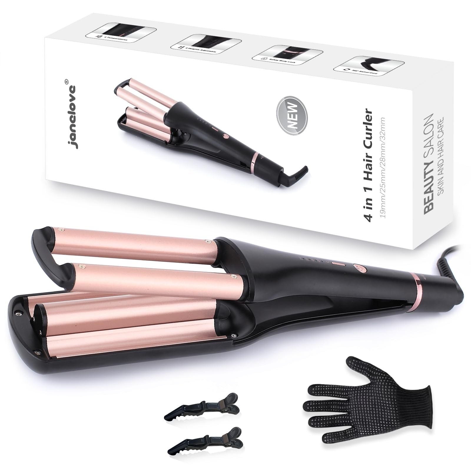 Janelove 4-in-1 hair crimper, waver, beach waves curling iron with multiple barrel types for versatile styling.