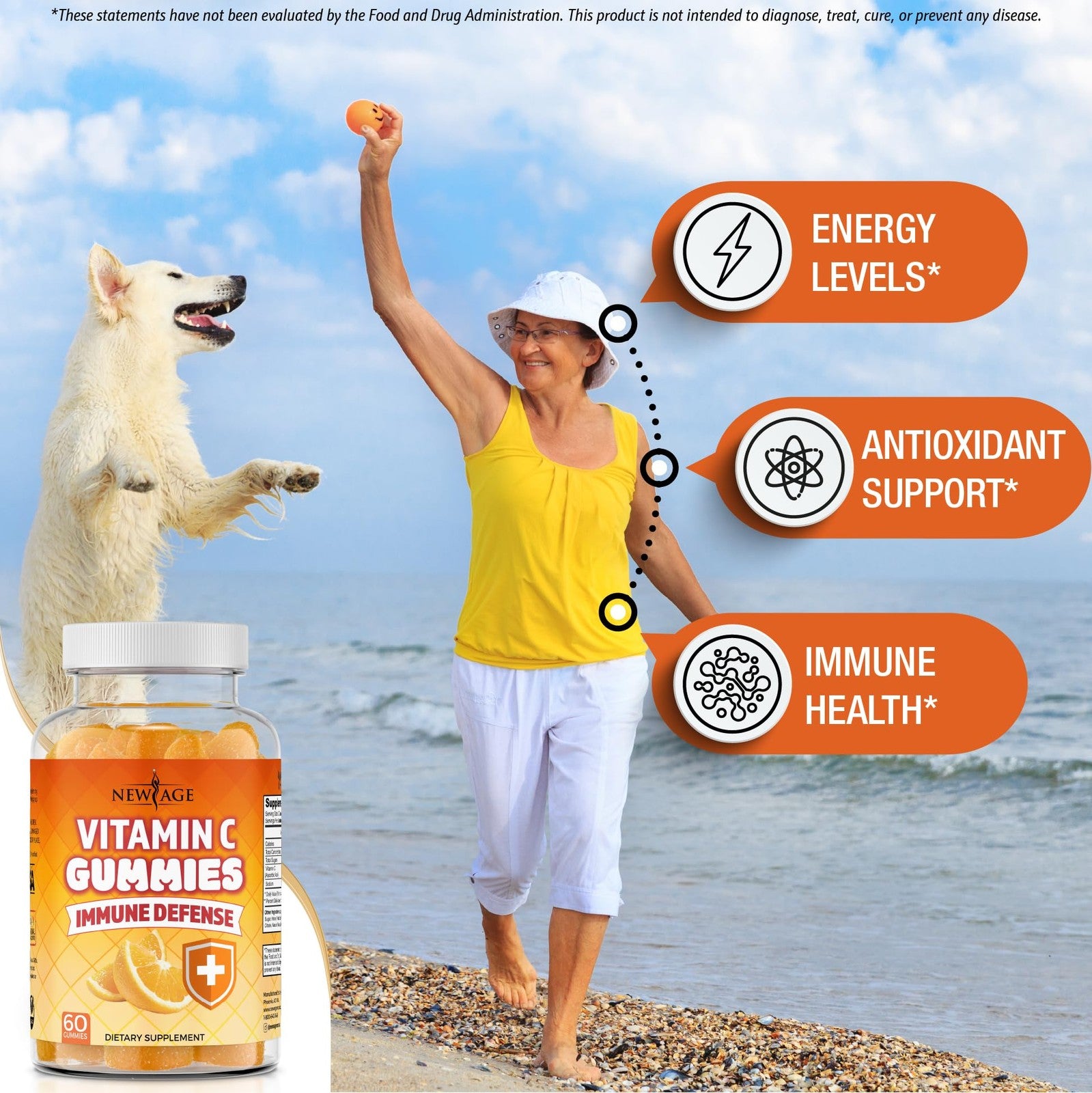 Orange vitamin C gummies from New Age Age, supporting healthy immune function with tasty, chewable vitamin C supplements.