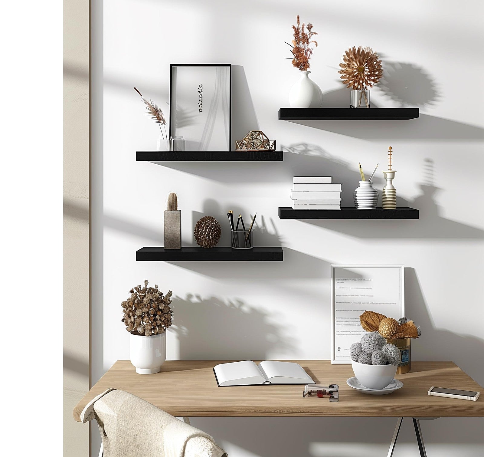 Six black PHPH wood floating shelves mounted on a wall, 17 inches long, ideal for bedroom storage and decor.
