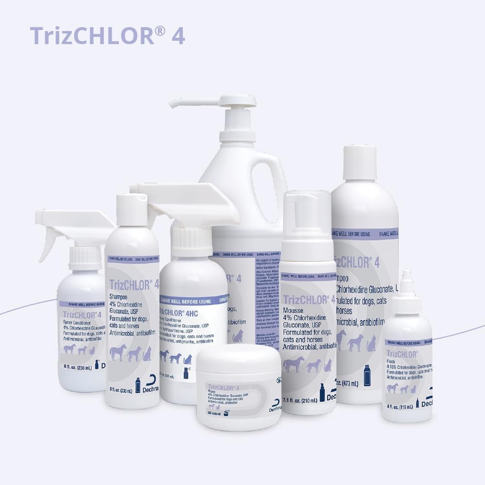 TrizCHLOR 4 Mousse for dogs, cats, and horses in a 7.1-ounce bottle, showing the foam texture and applicator tip.