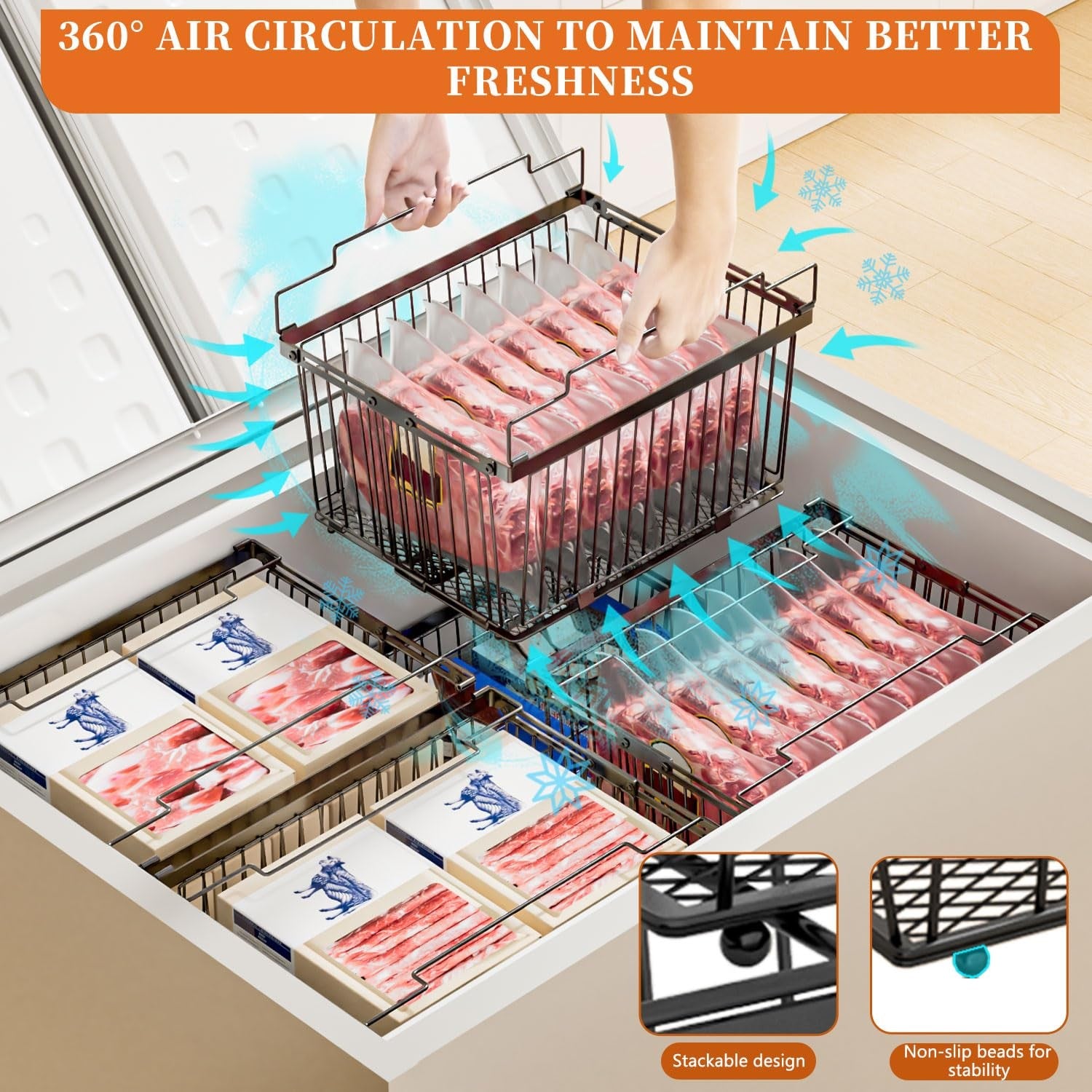 Anjuban large freezer organizer bins with leak-proof bottom, designed for 5 to 9 cu ft freezers, in clear plastic with dividers