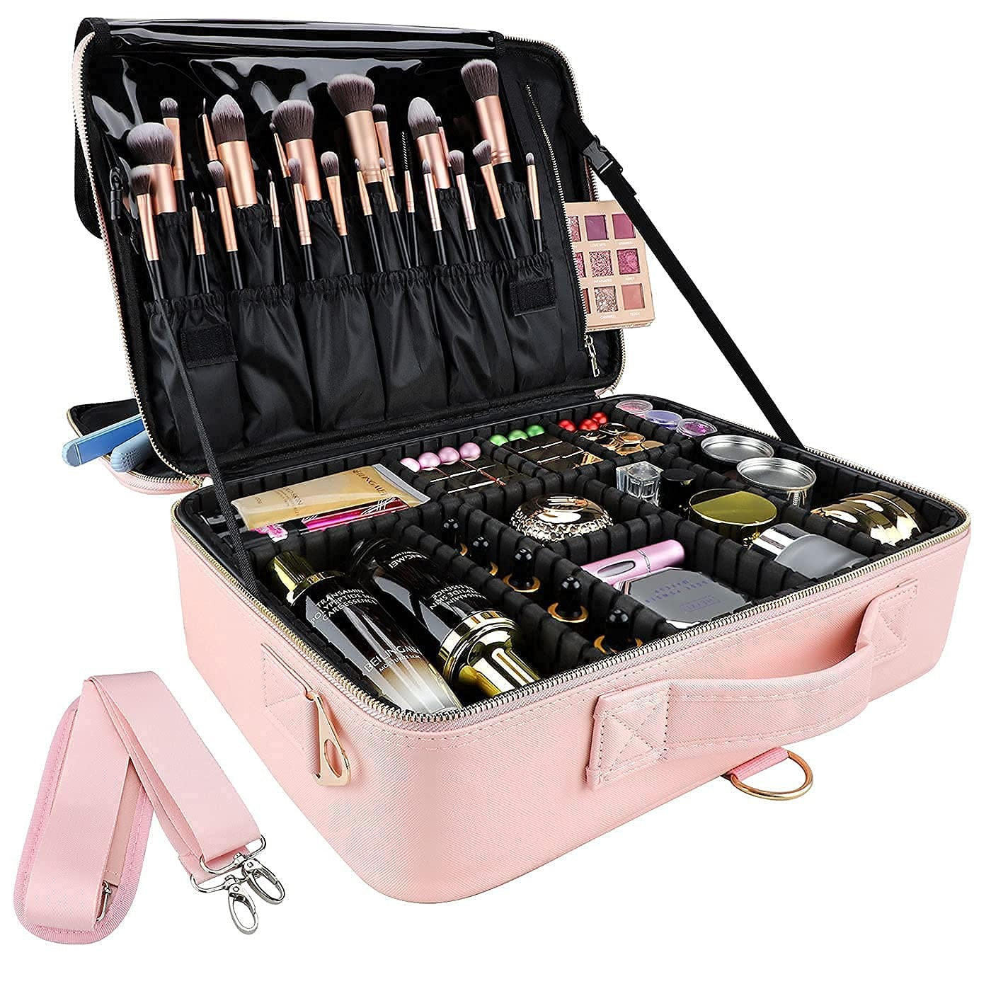 Gzcz large capacity travel makeup case organizer with multiple compartments for cosmetics and beauty essentials.