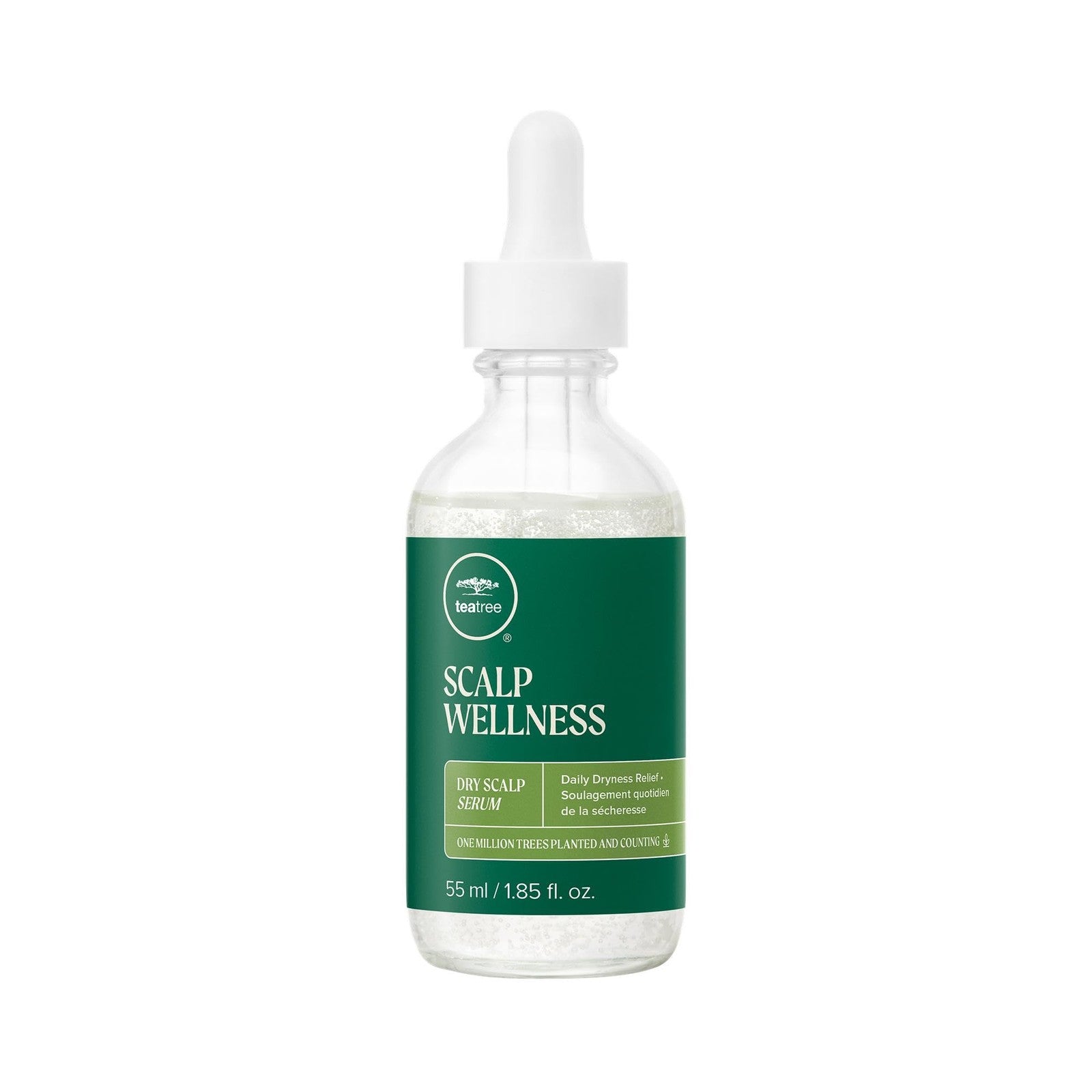 Tea Tree Scalp Wellness Dry Scalp Serum bottle with dropper for daily dryness relief on dry scalp and hair.