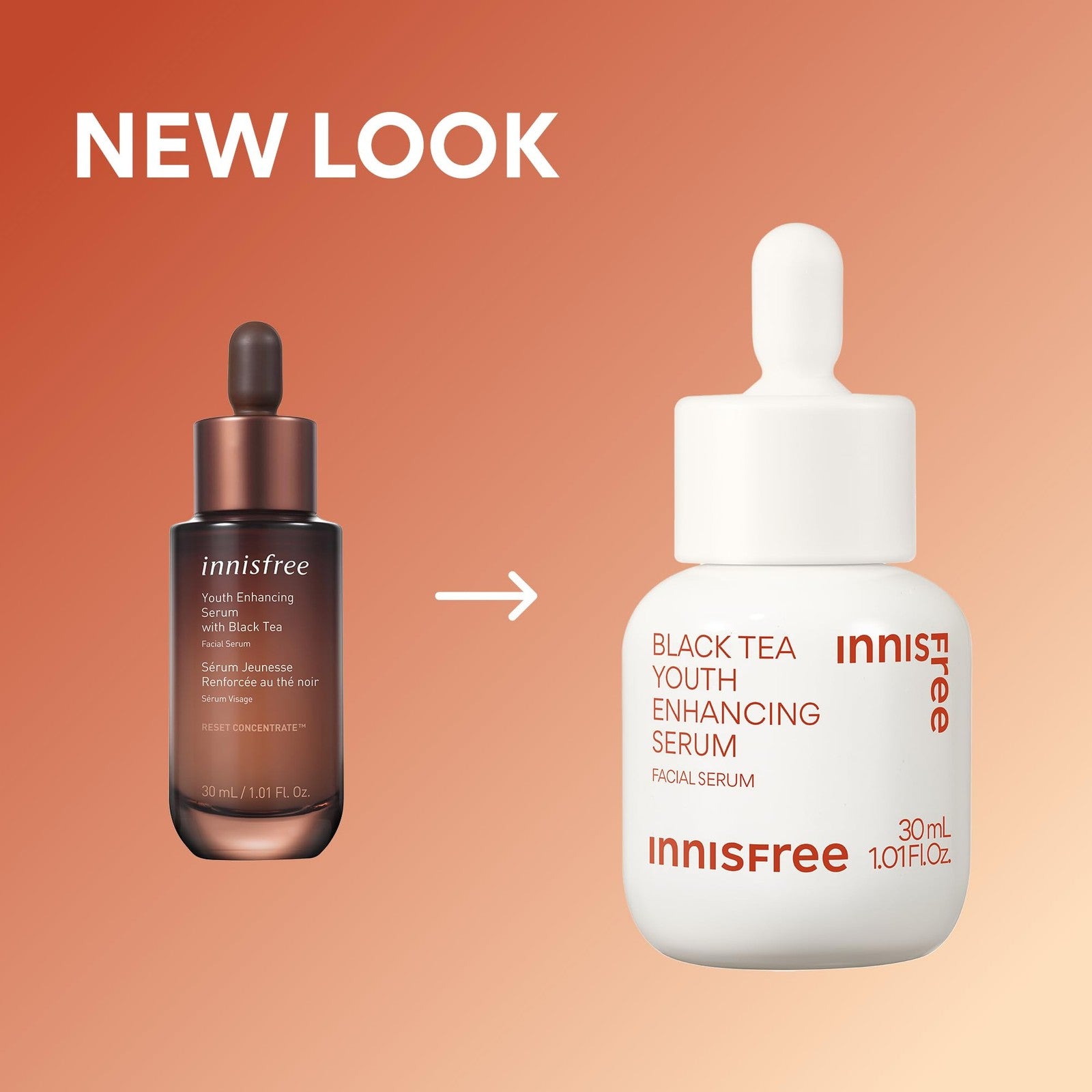 innisfree Black Tea Youth Serum bottle with black cap and product label, Korean anti-aging skincare with niacinamide in a sleek container