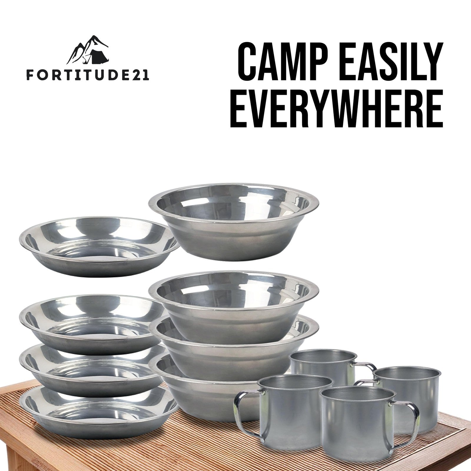 Fortitude21 4-person camping mess kit with utensils and cookware for outdoor picnics and camping kitchen needs.