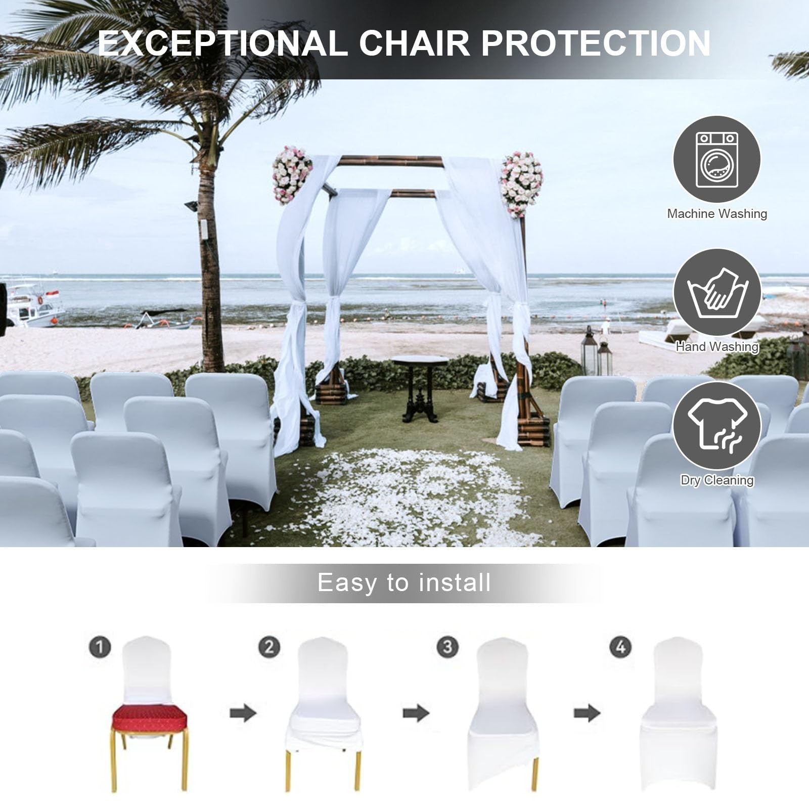 Set of 12 Trlyc spandex folding chair covers, stretchy and universal dining chair covers shown on various chairs.