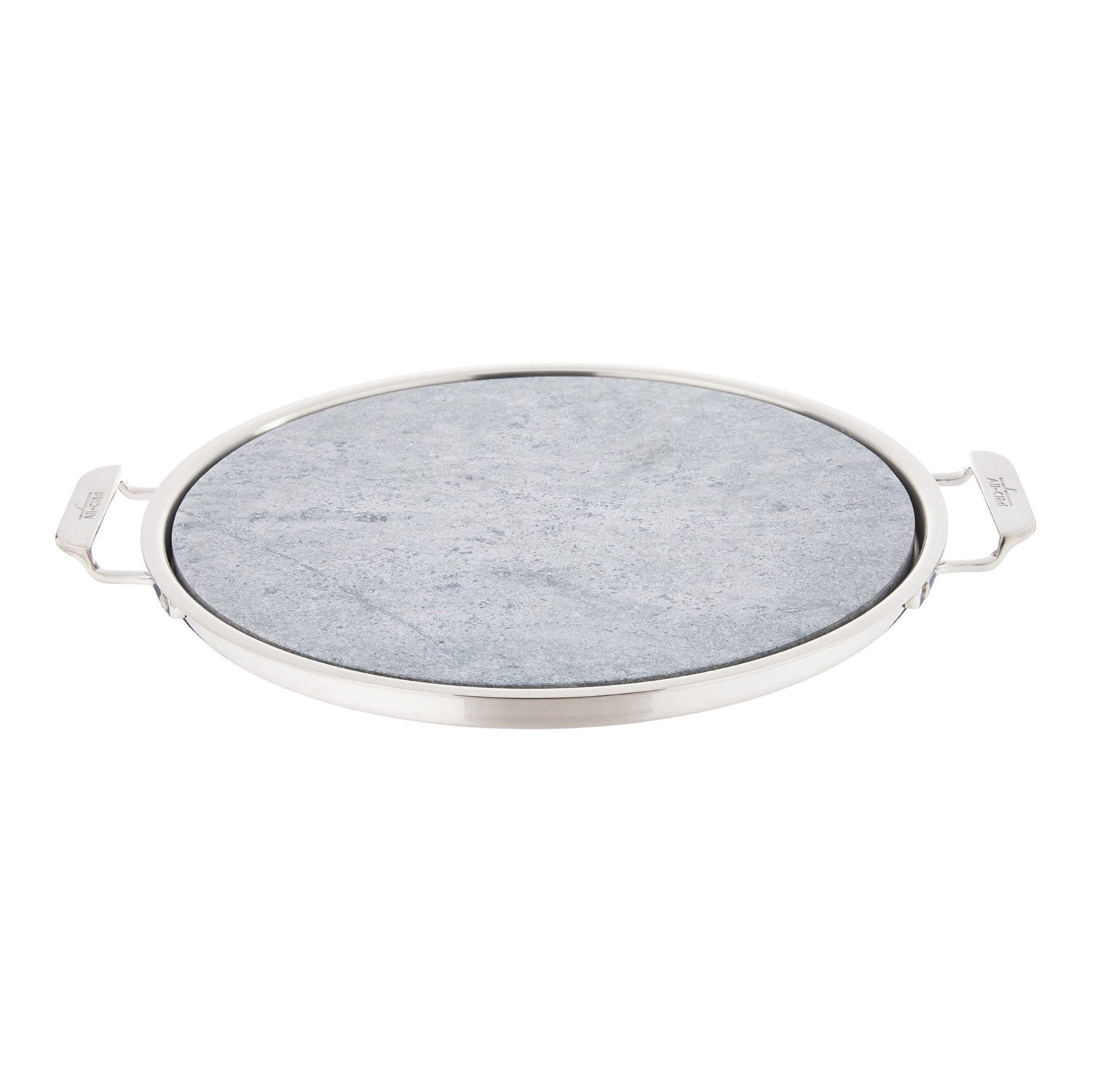 All-Clad stainless steel and soapstone 13-inch pizza stone for oven and broiler, showing the textured soapstone surface and stainless steel frame.