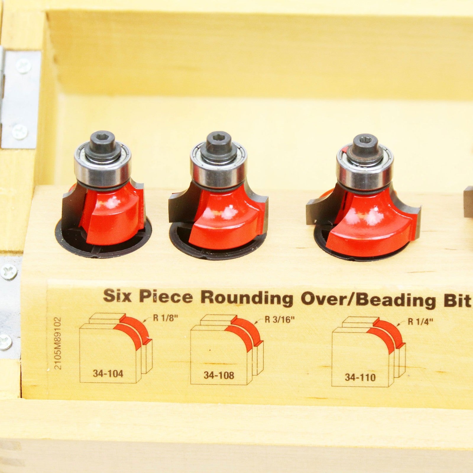 Freud 89-102 5-piece round over and beading router bit set with 1/4 inch shank, featuring five different decorative profile bits.