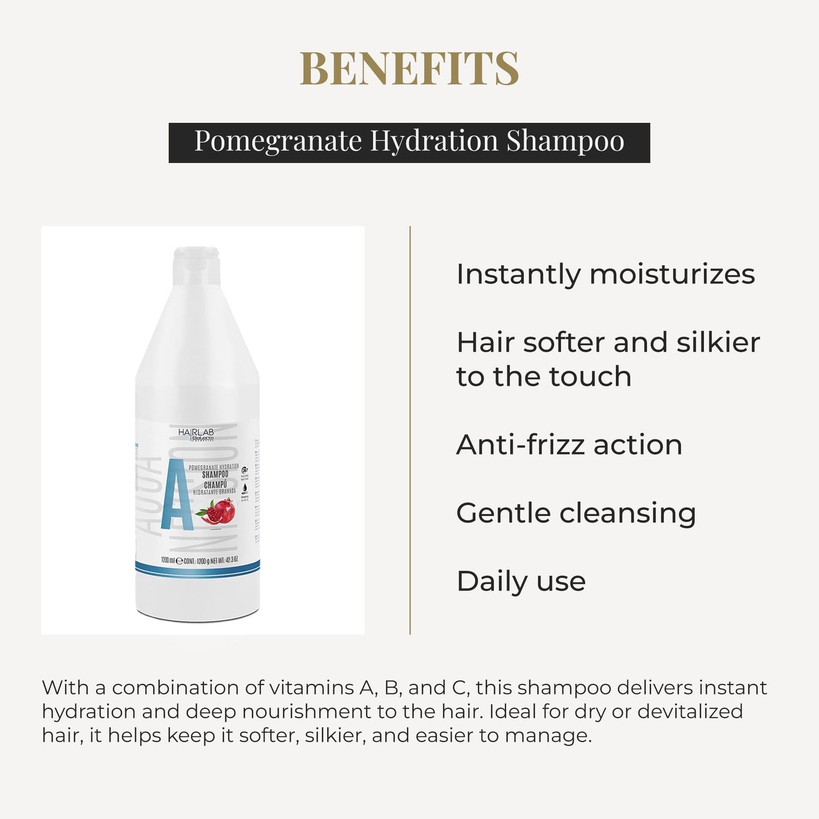 Salerm Hydrating Shampoo with pomegranate for gentle frizz control, vegan formula, 1200ml bottle with lathered hair.
