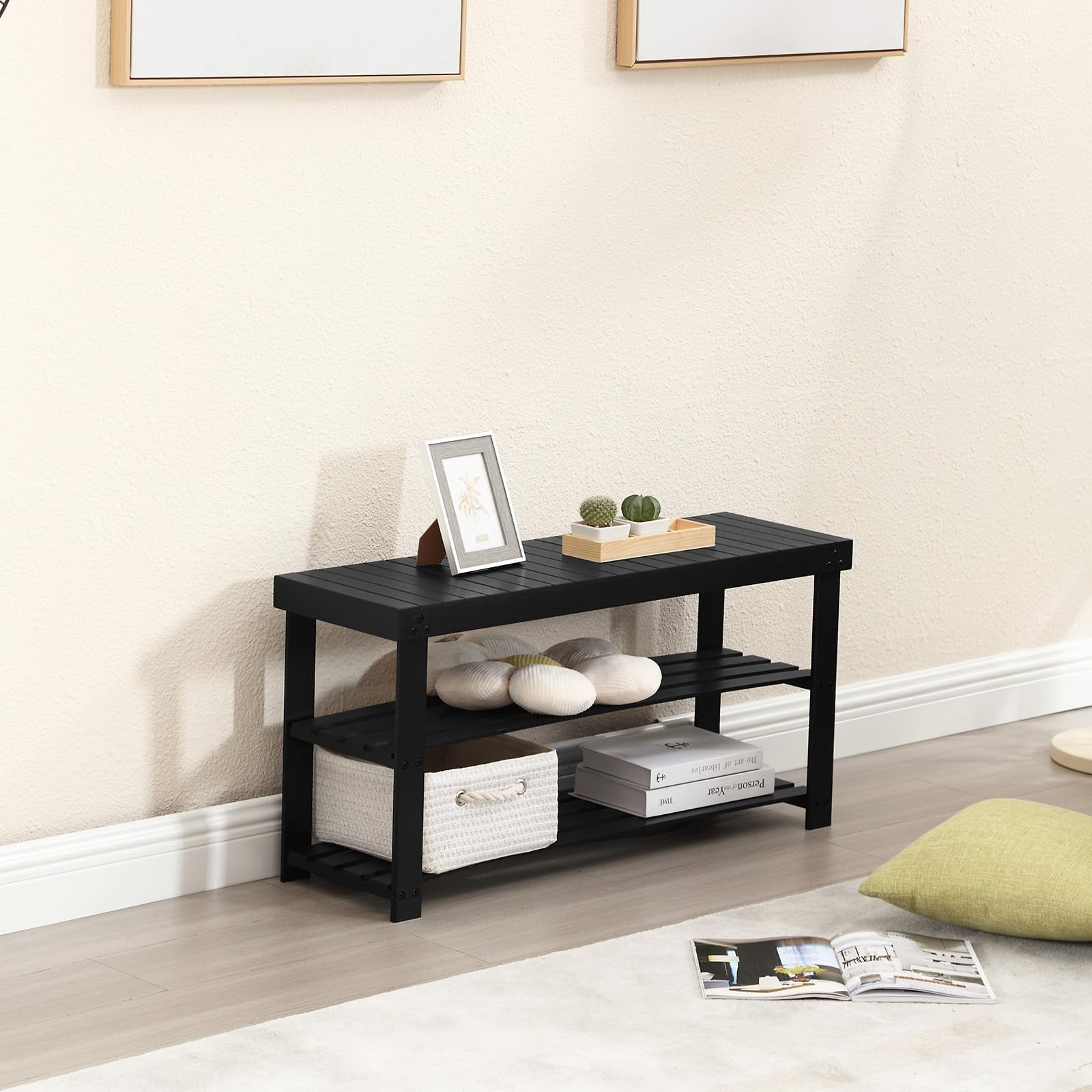 Apicizon 3-tier bamboo shoe rack bench in black, 35.4 inches, with storage shelves and a sturdy entryway organizer design.