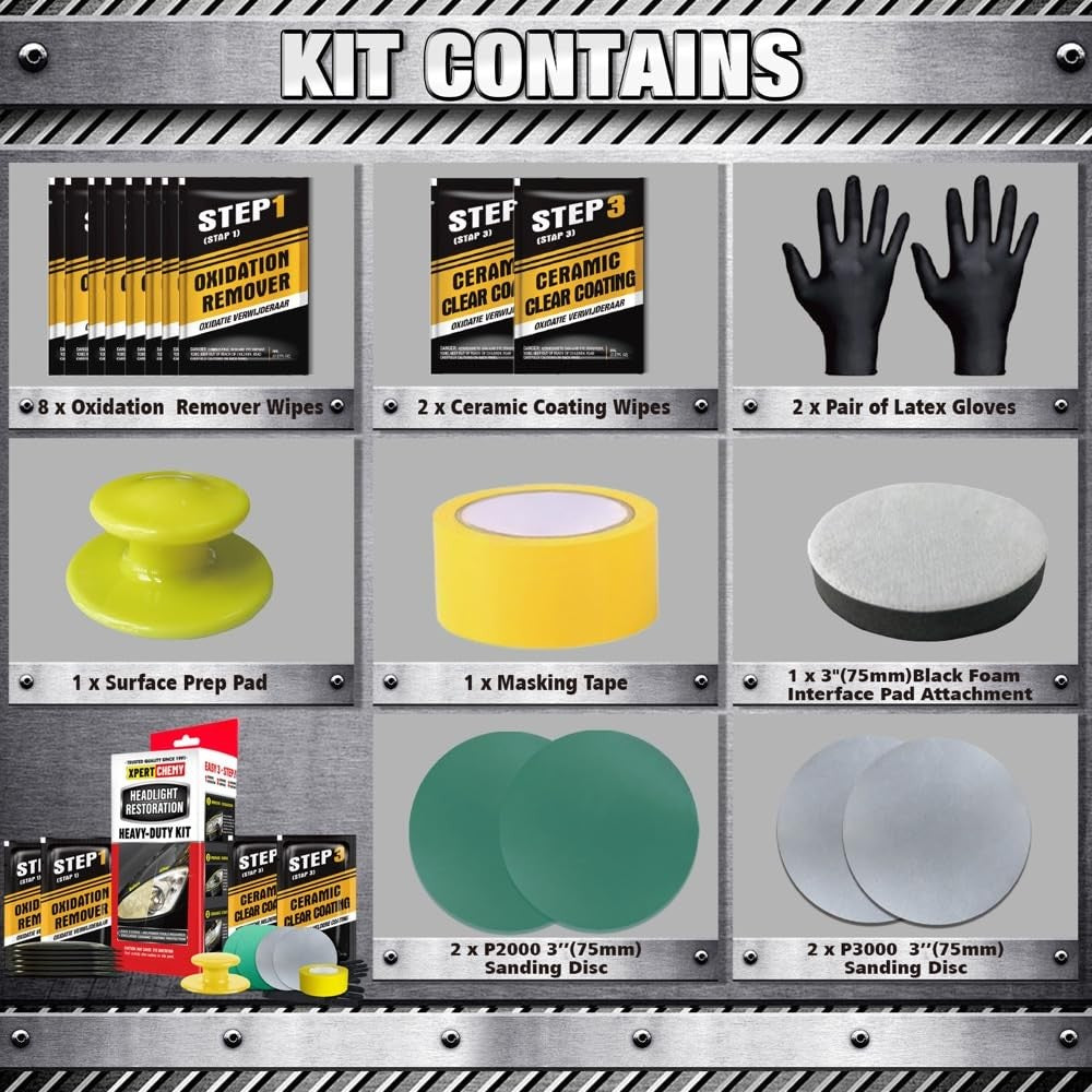 XPERTCHEMY Headlight Restoration Kit with yellowing and clouding remover, showing the kit's tools and product packaging.
